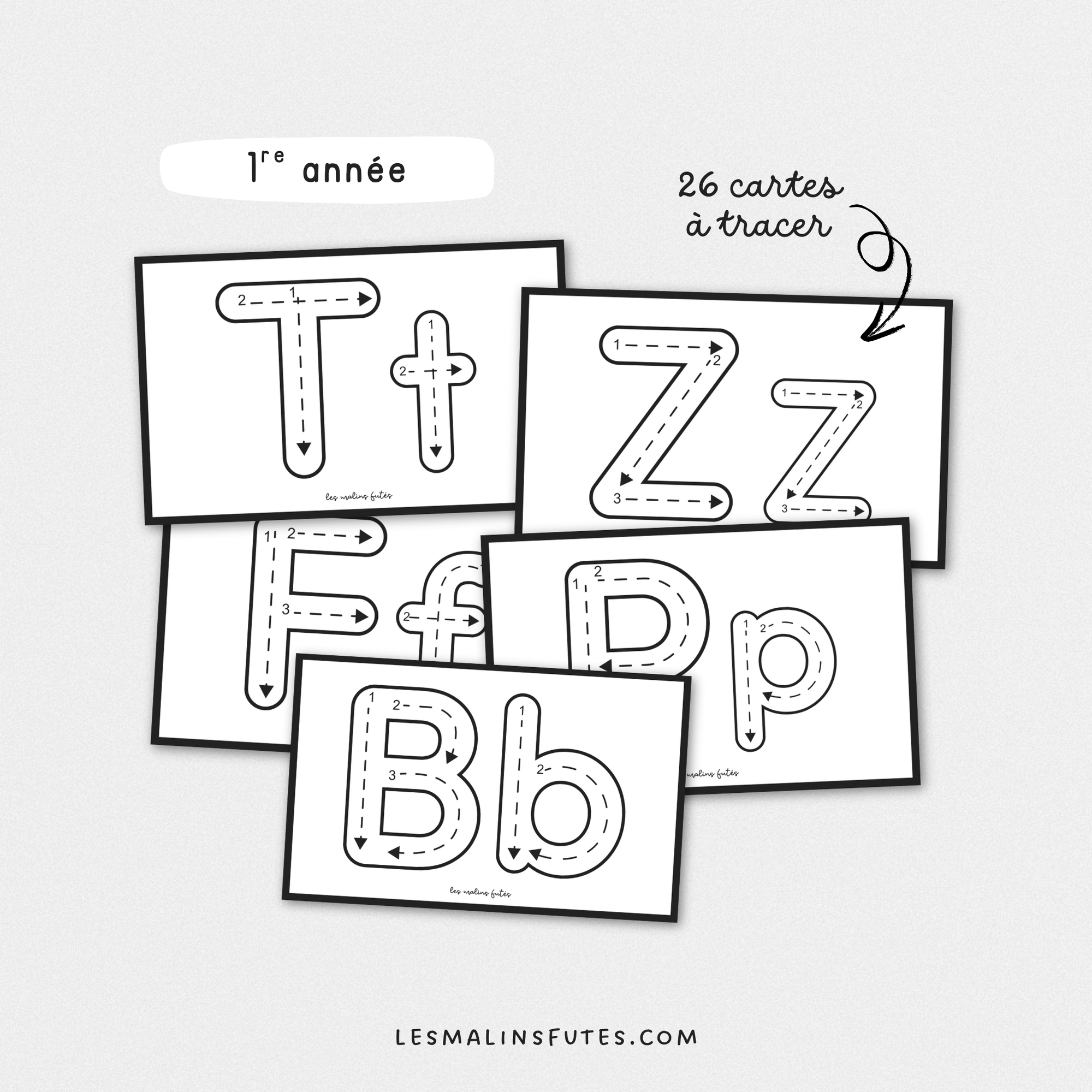 Trace la lettre - Cartes à tâches pour apprendre à tracer les lettres de l'alphabet en 1re année. Les Malins Futés