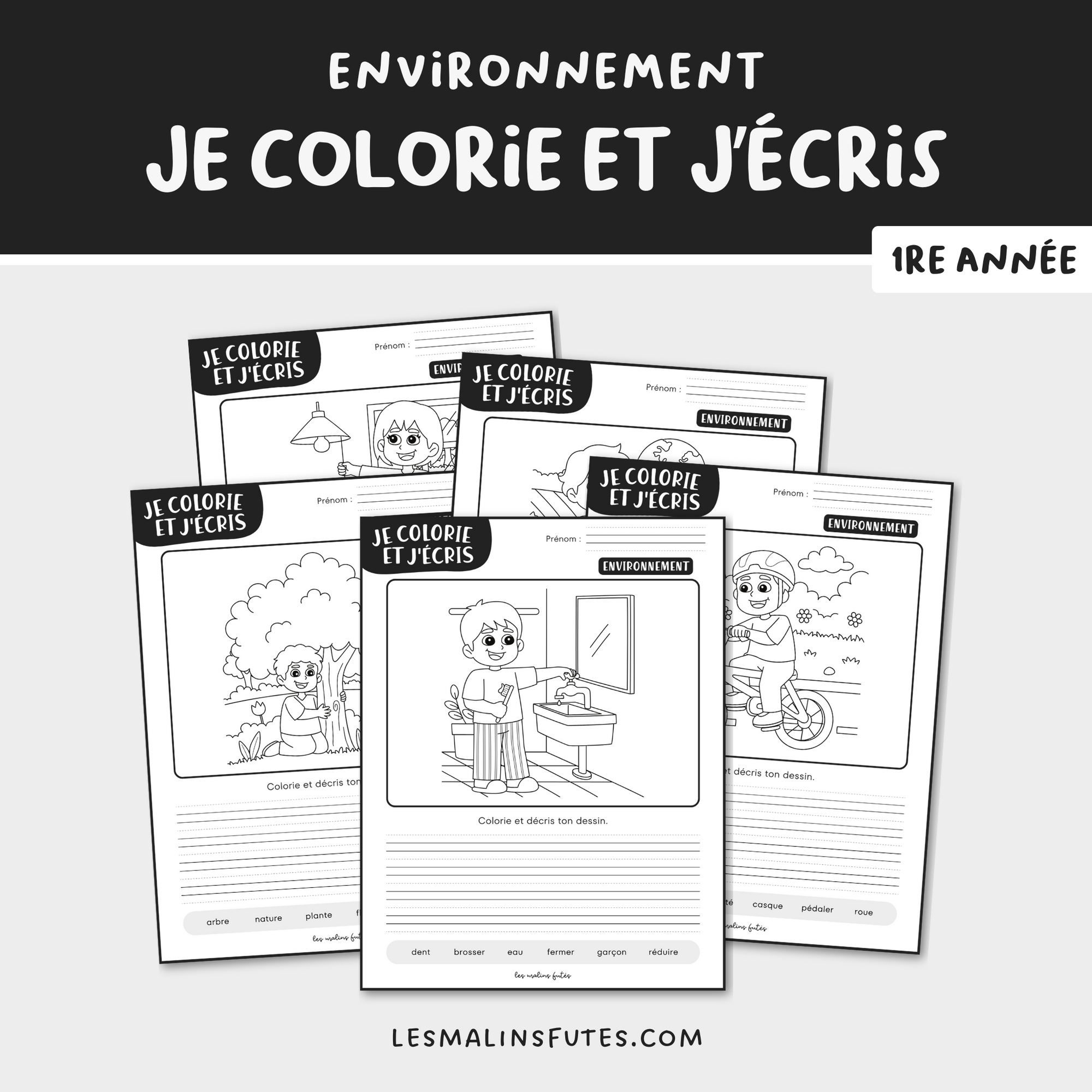 Je colorie et j'écris l'environnement pour la 1re année. Les Malins Futés