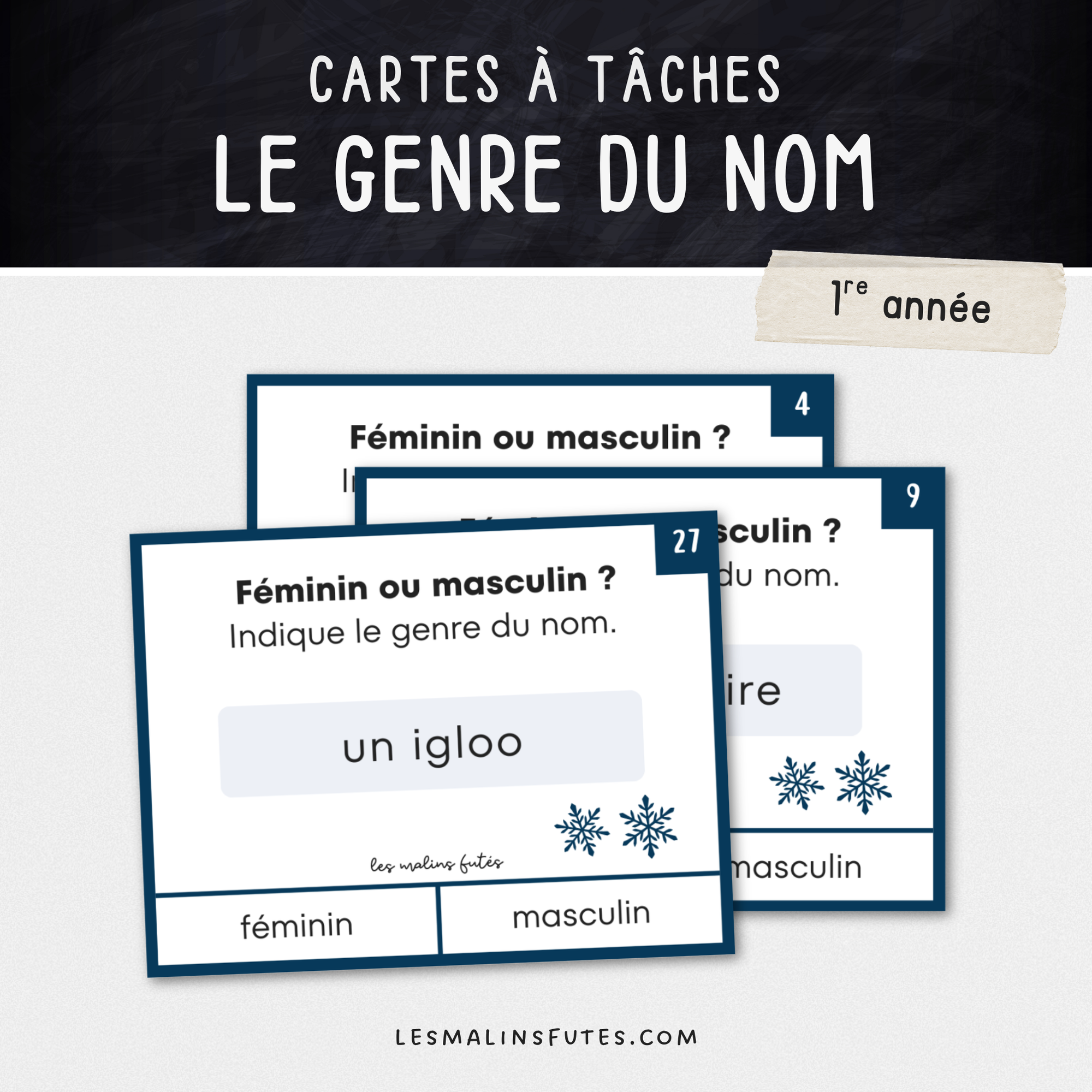 Cartes à tâches sur le genre du nom pour la 1re année. Les Malins Futés