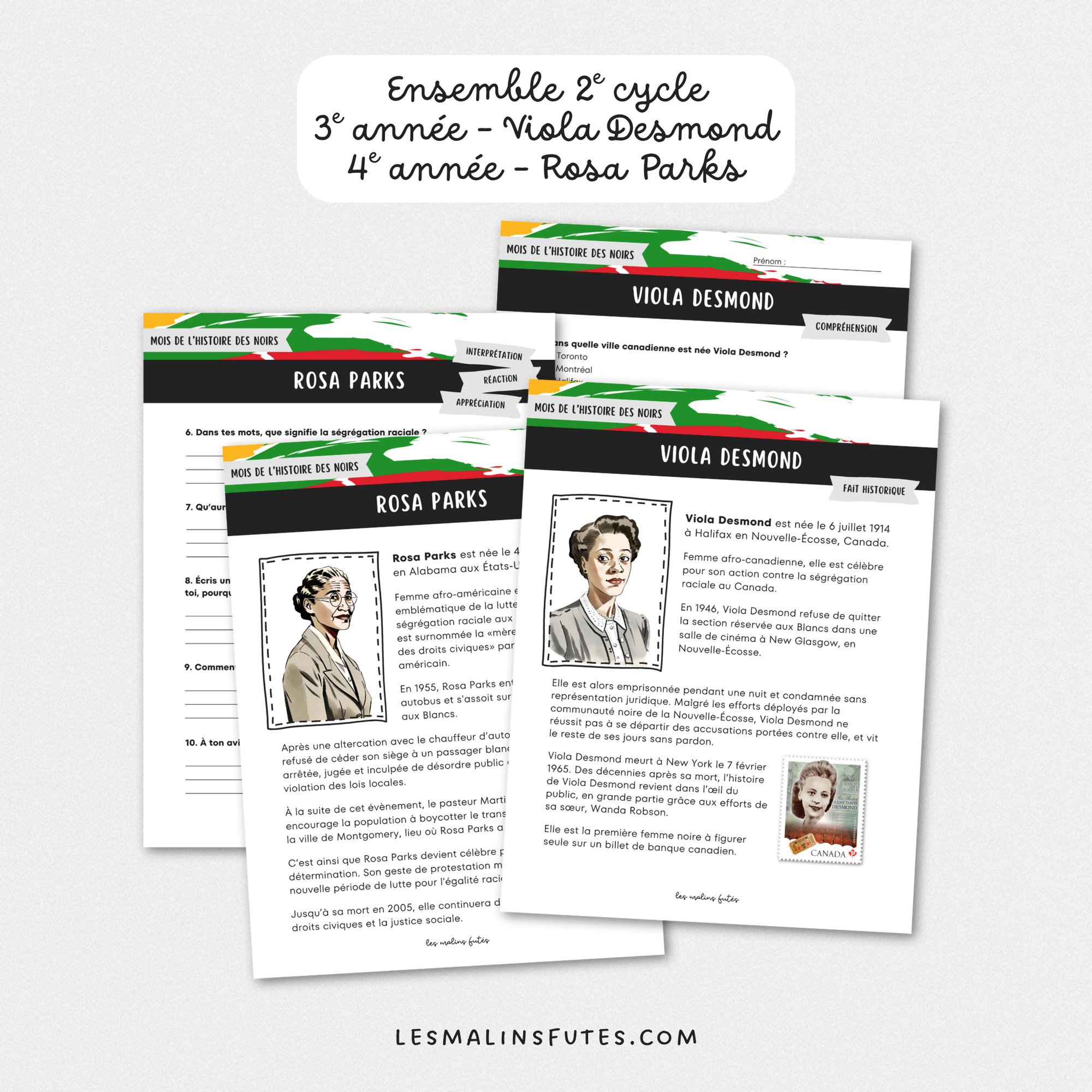 Ensemble sur l'histoire des Noirs pour le 2e cycle : Viola Desmond et Rosa Parks. Les Malins Futés