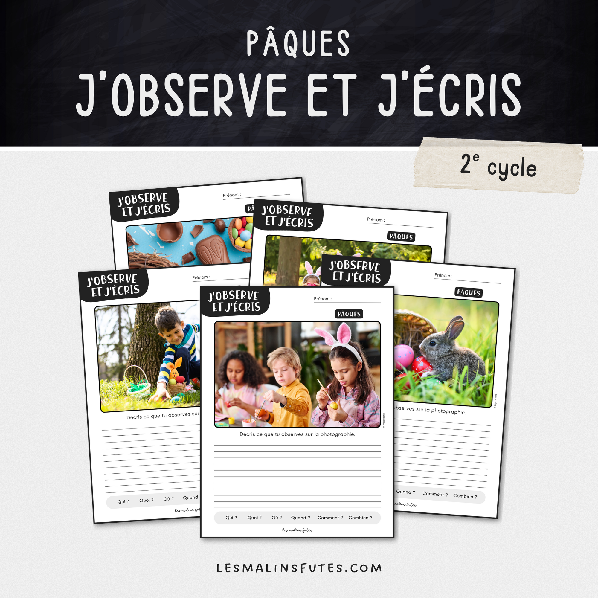 Pour le 2e cycle, 5 fiches d'écriture sur le thème de Pâques. Les Malins Futés