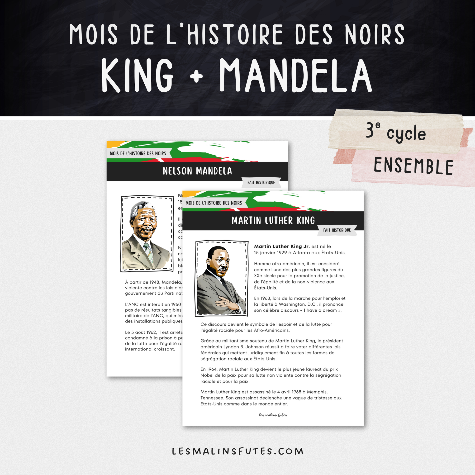 Ensemble sur l'histoire des Noirs pour le 3e cycle : Martin Luther King et Nelson Mandela. Les Malins Futés