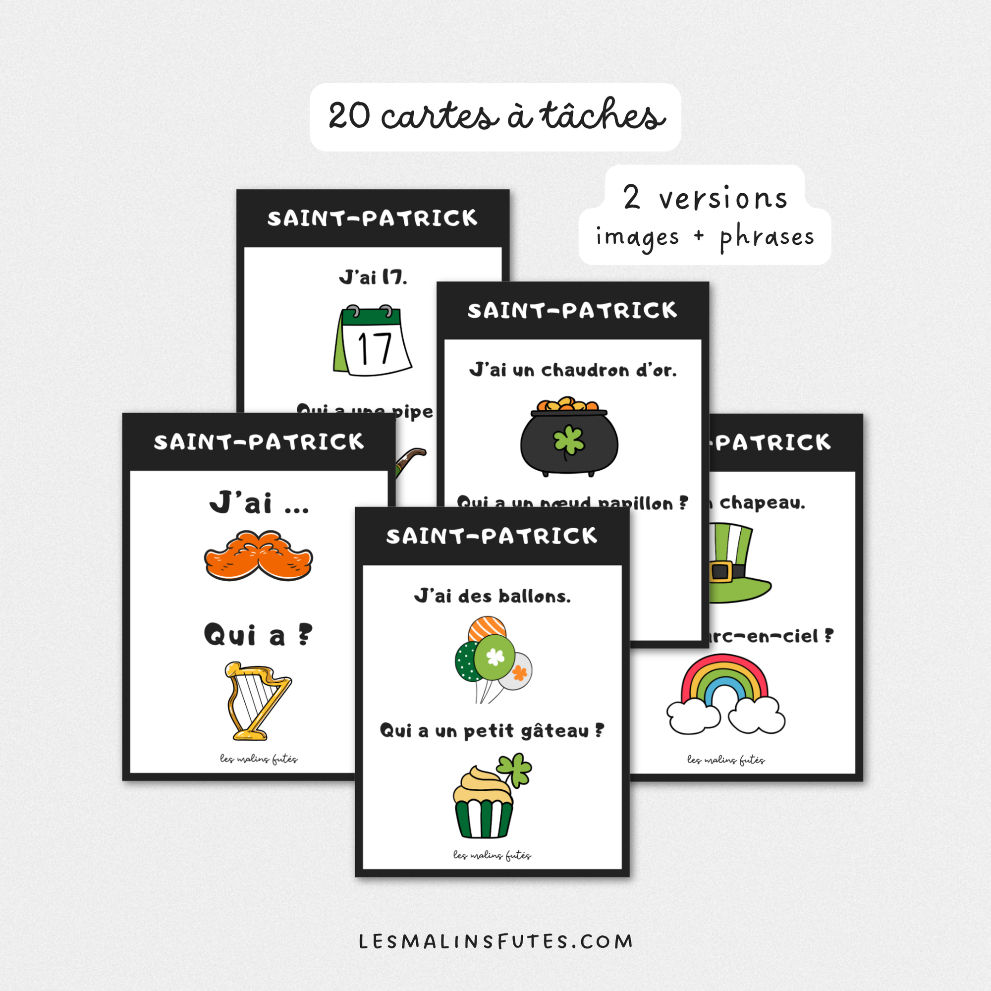 Ensemble du jeu Jai... Qui a? pour le préscolaire et le 1er cycle pour la Saint-Patrick. Les Malins Futés