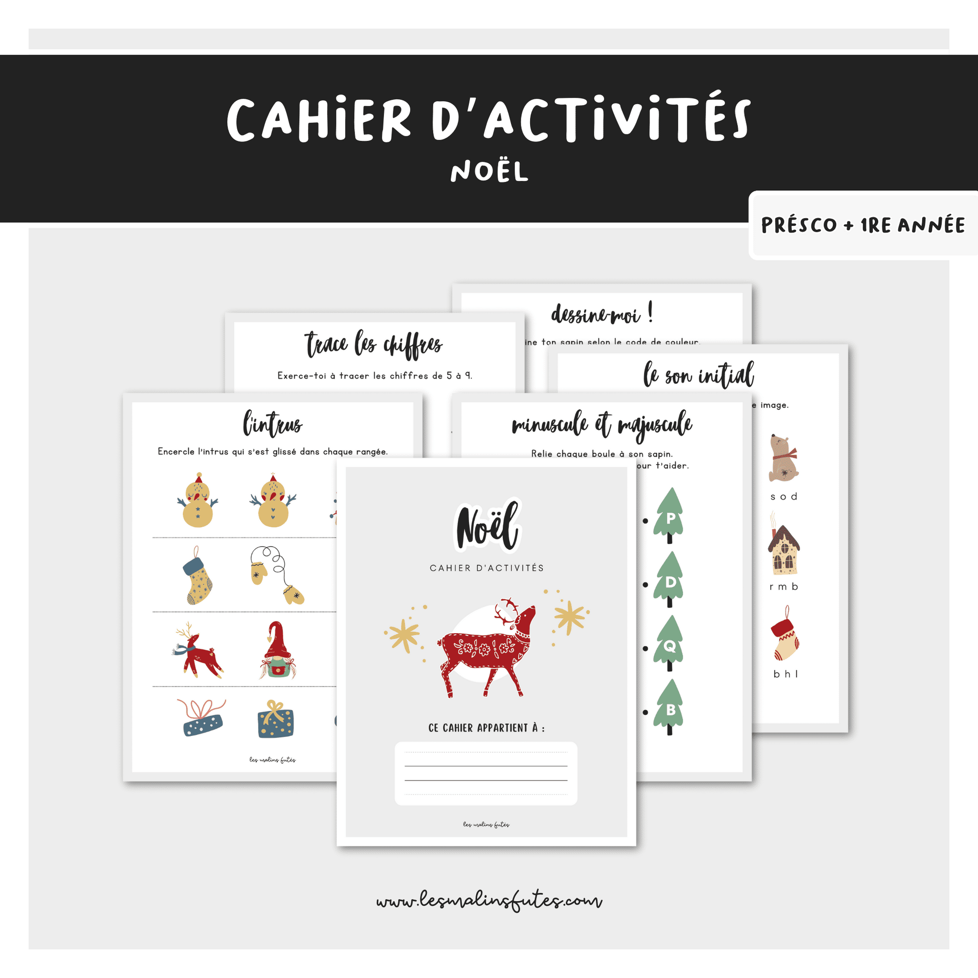 Cahier d'activités de Noël pour le préscolaire et la 1re année. Les Malins Futés