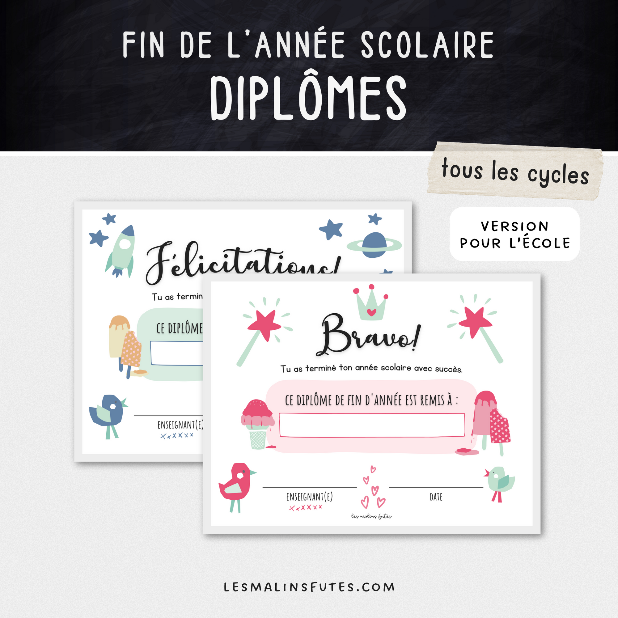 Diplôme de fin d'année pour l'école. Les Malins Futés