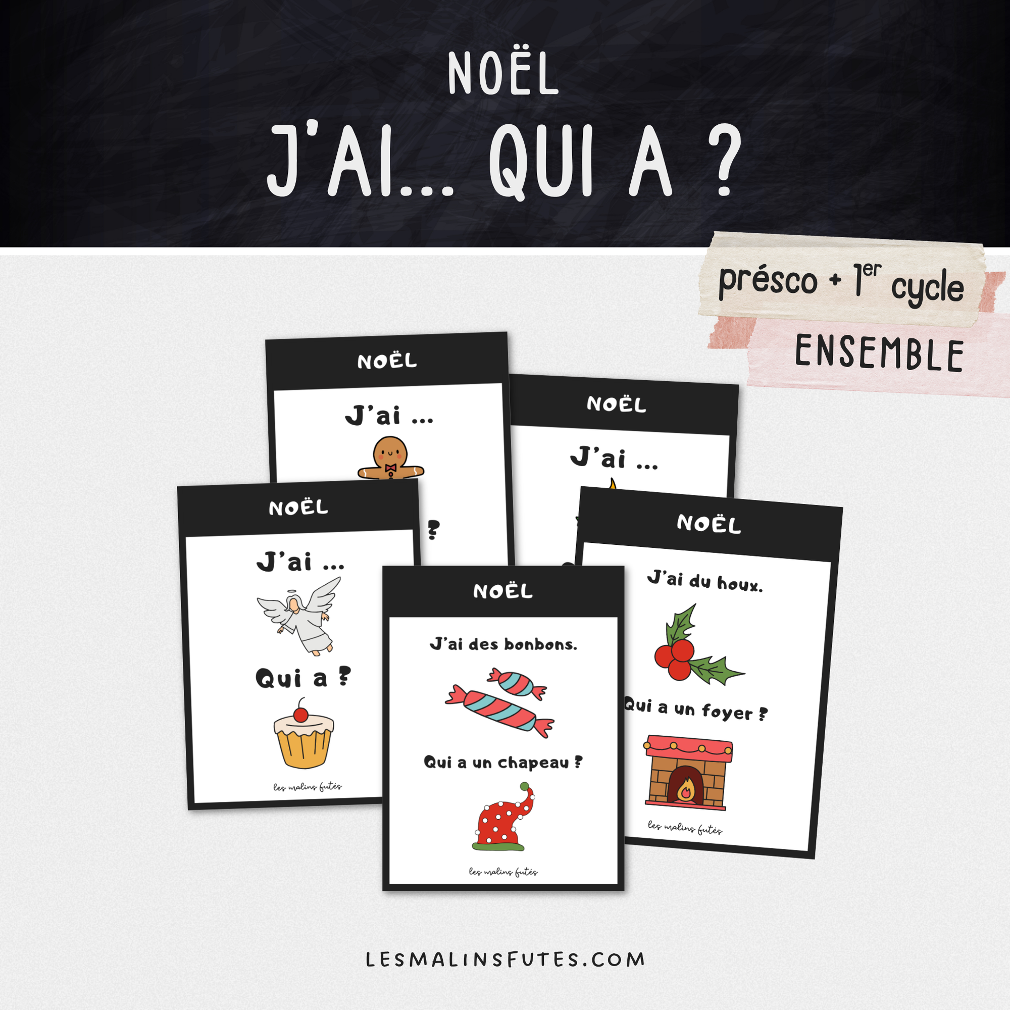 Ensemble de 48 cartes du jeu J'ai... Qui a ? pour pratiquer le vocabulaire de Noël. Les Malins Futés