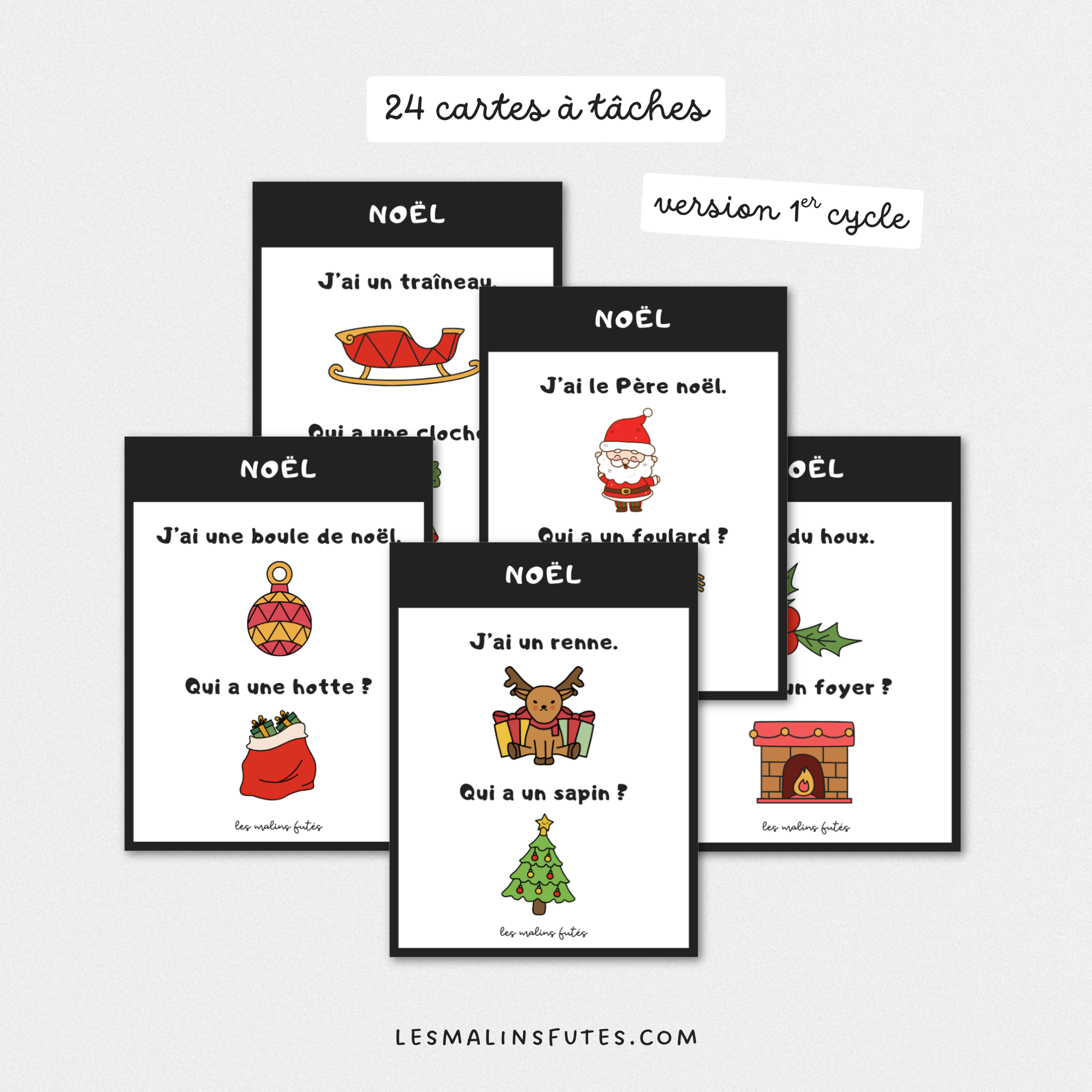 Ensemble de 48 cartes du jeu J'ai... Qui a ? pour pratiquer le vocabulaire de Noël. Les Malins Futés