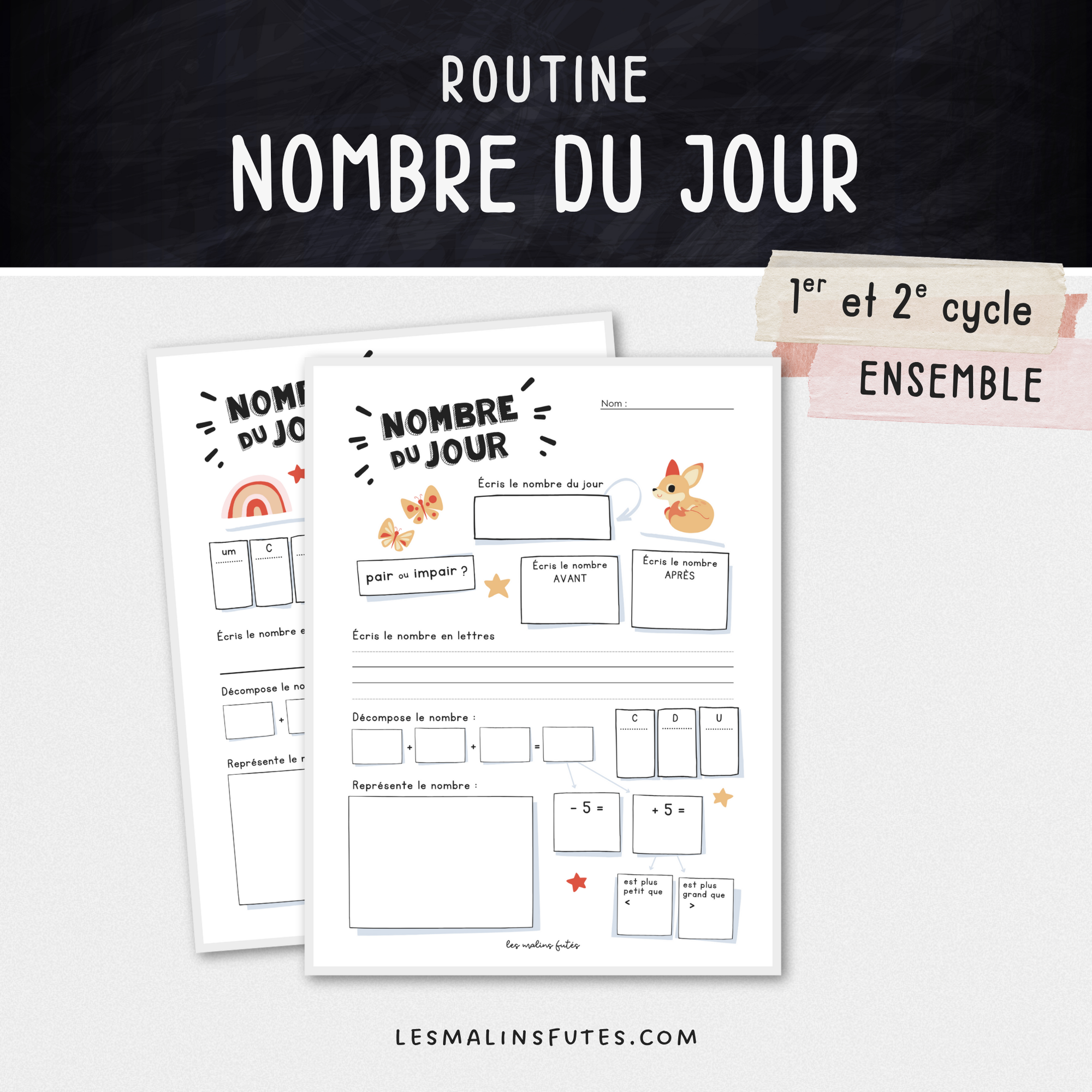 Ensemble de 2 gabarits réutilisables pour travailler le nombre du jour au 1er et 2e cycle. Les Malins Futés