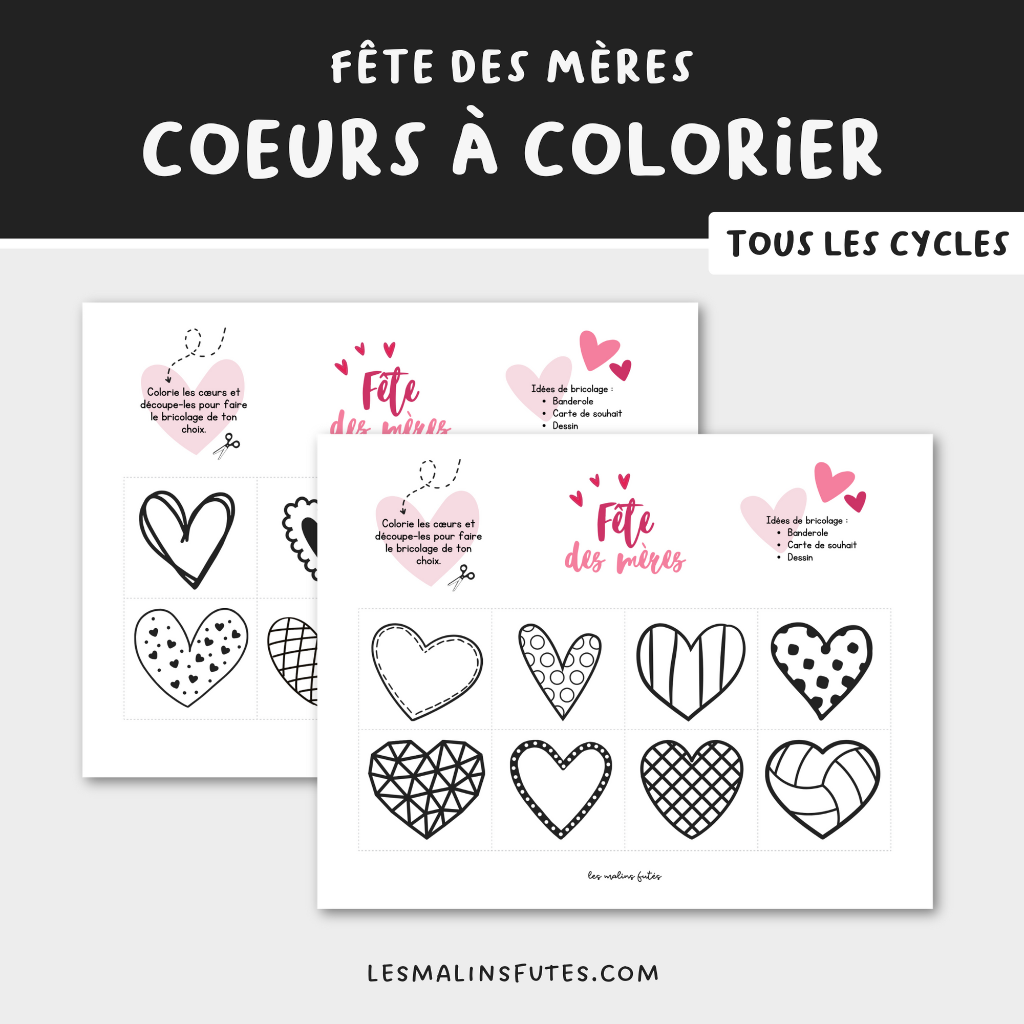 16 cœurs à colorier pour les bricolages de la fête des Mères. Les Malins Futés
