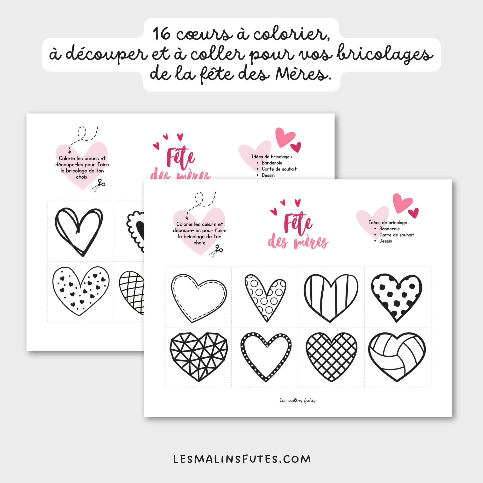 16 cœurs à colorier pour les bricolages de la fête des Mères. Les Malins Futés
