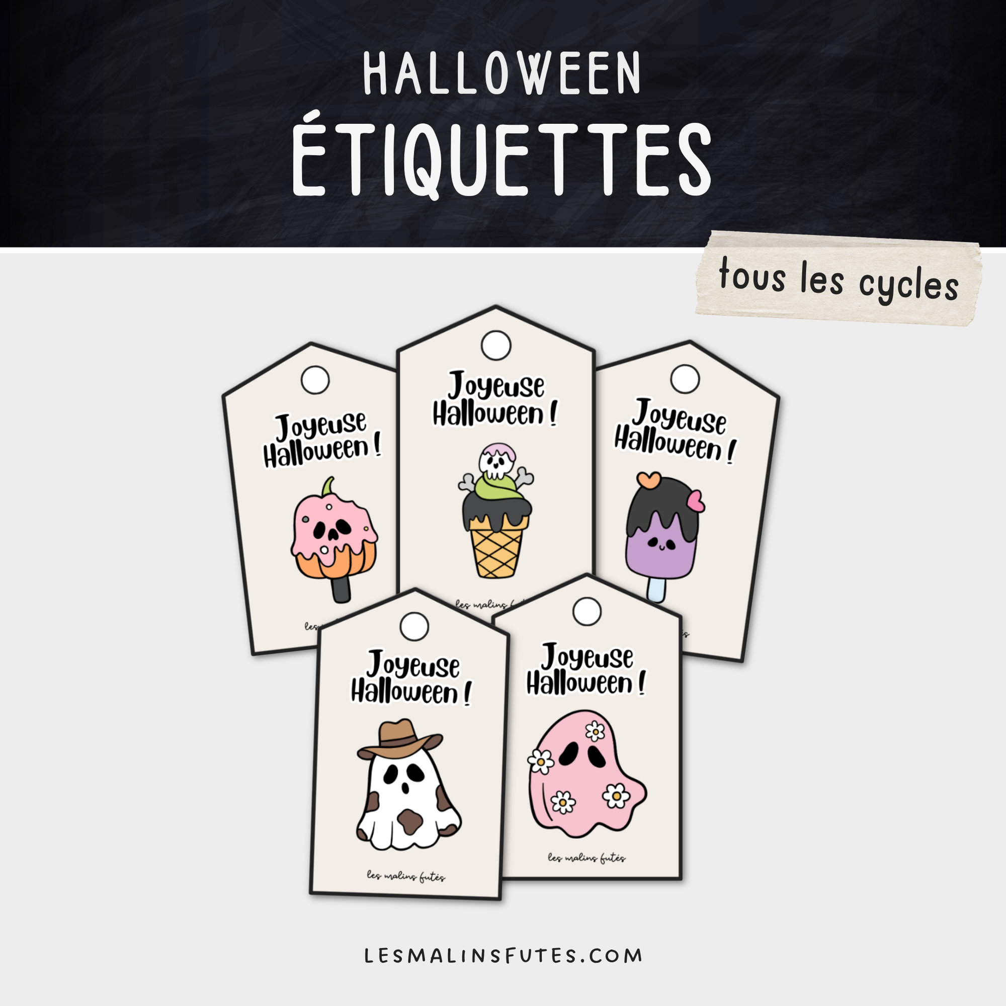 Étiquettes d'Halloween pour les sacs à bonbons ou pour les petites surprises d'Halloween. Les Malins Futés