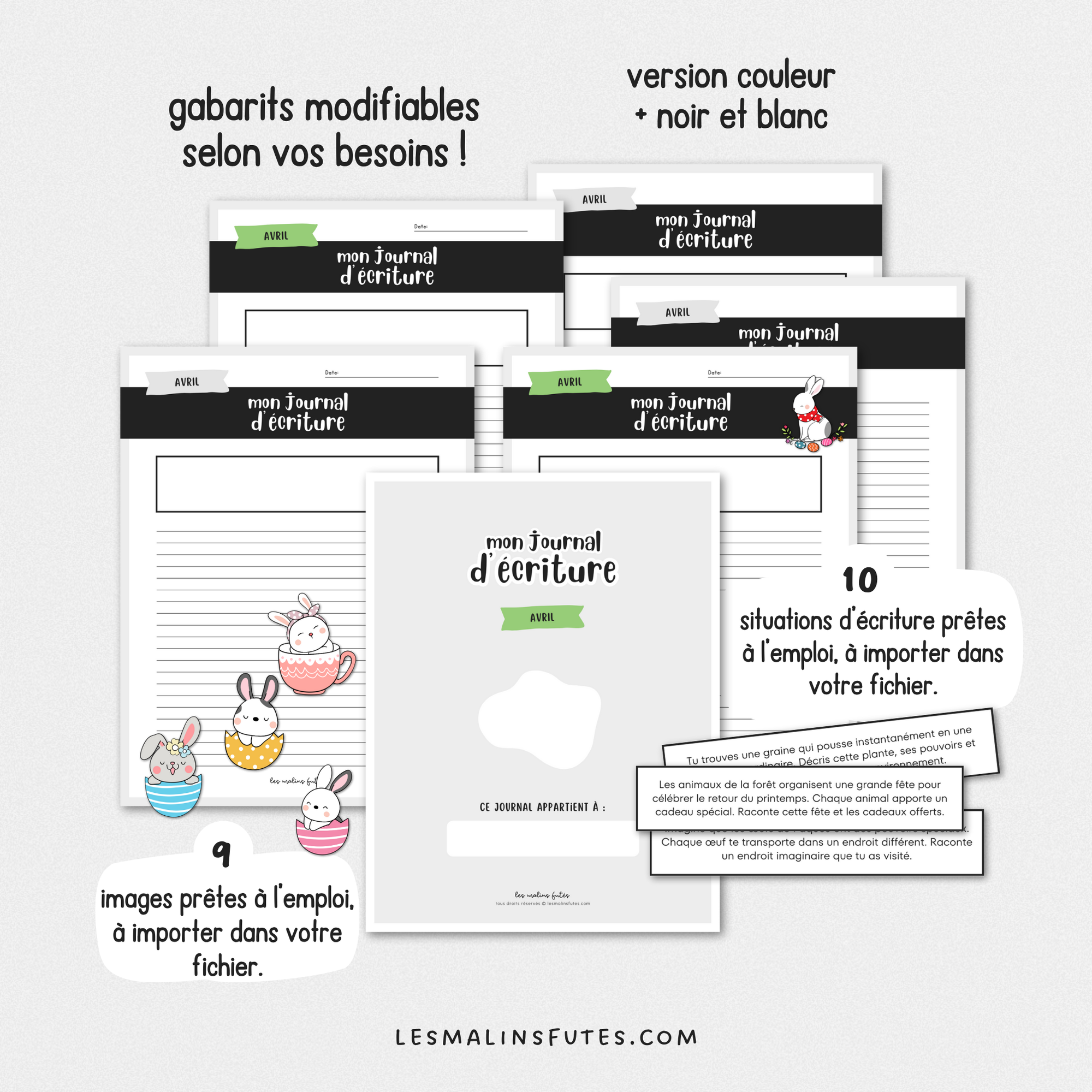 Journal d'écriture modifiable d'avril pour le 2e et le 3e cycle. Les Malins Futés