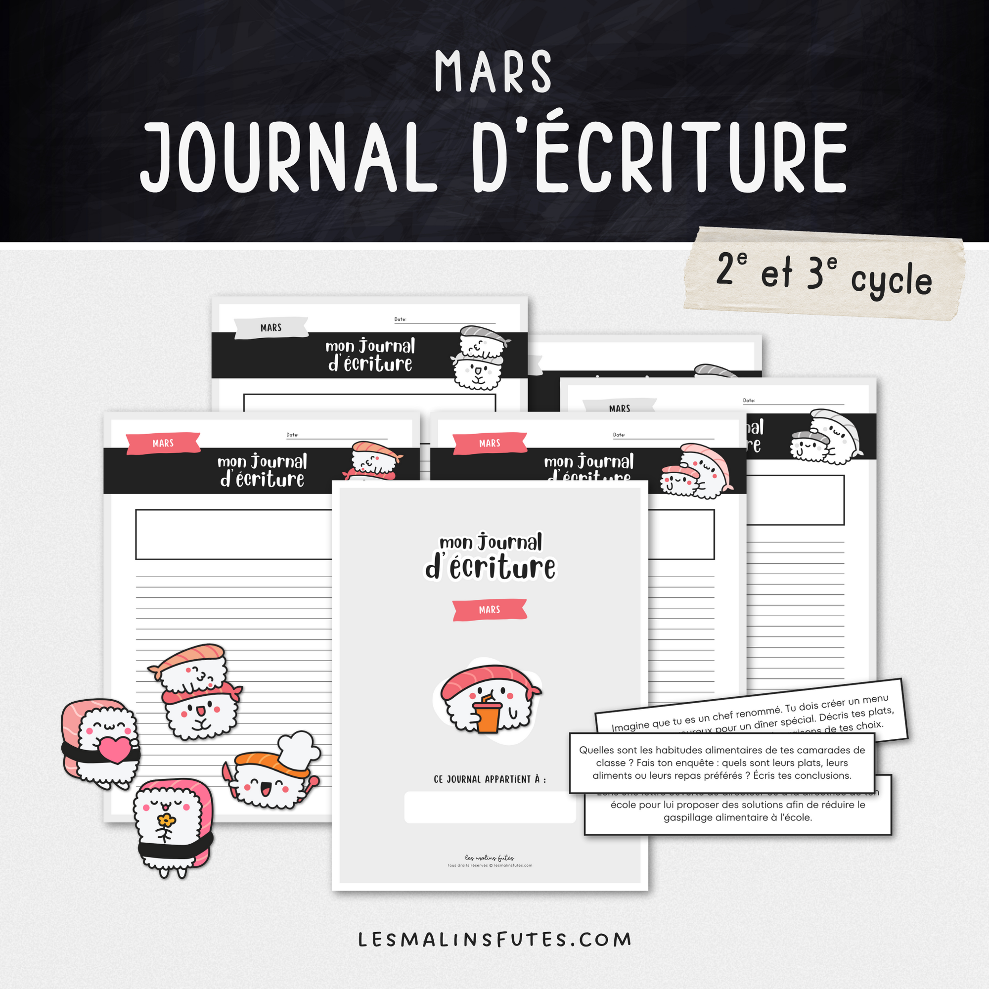 Journal d'écriture modifiable pour le mois de mars. Les Malins Futés