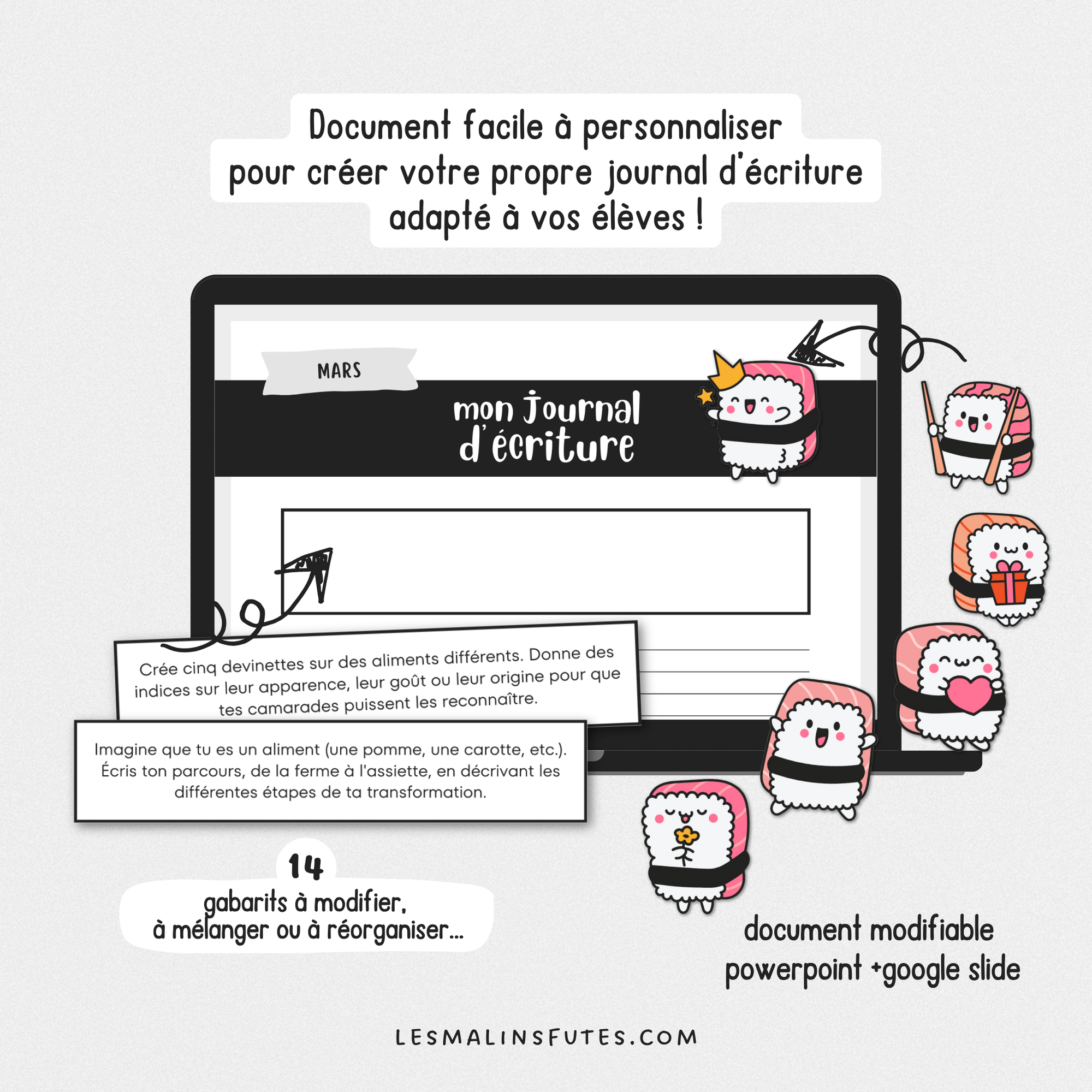 Journal d'écriture modifiable pour le mois de mars. Les Malins Futés
