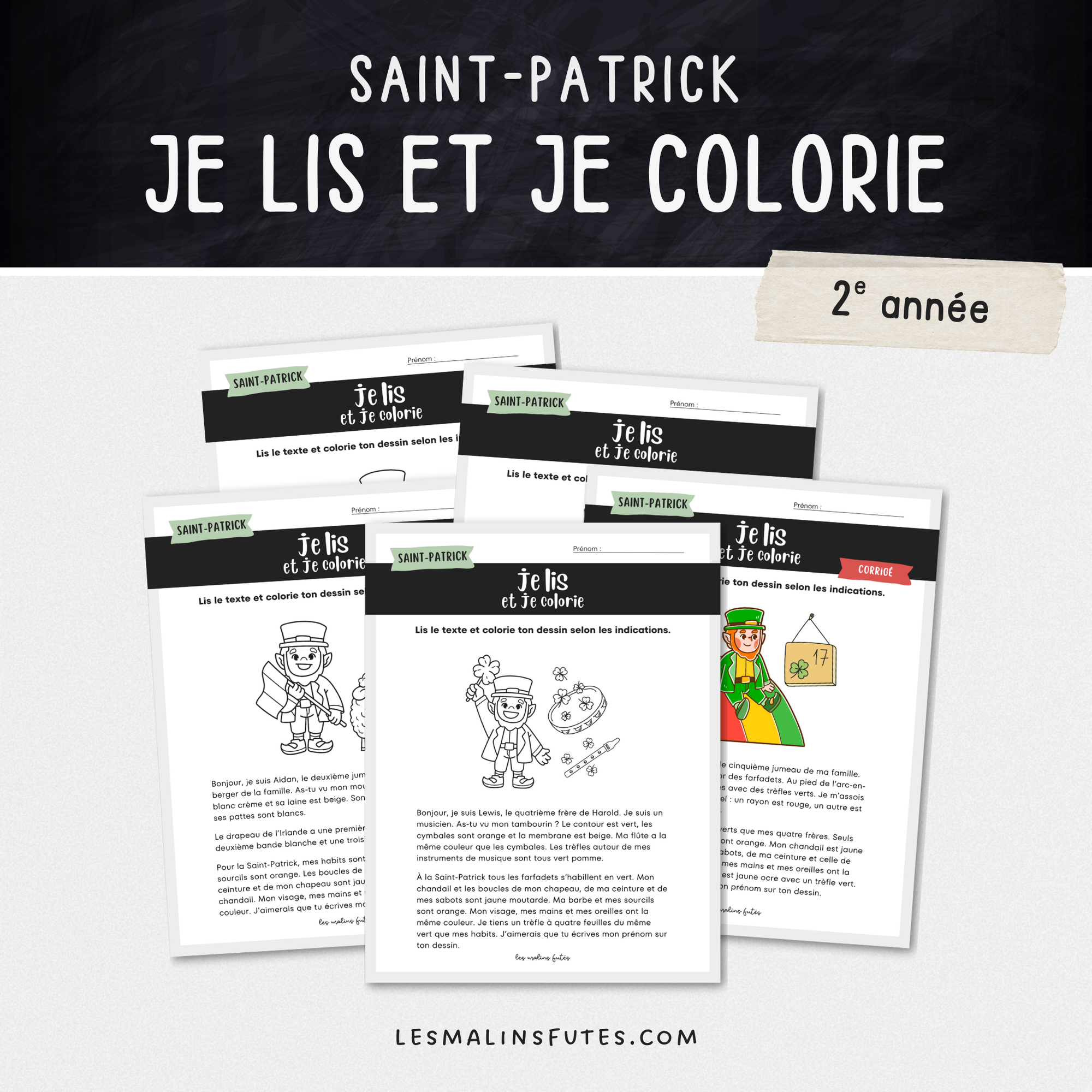 Je lis et je colorie pour les élèves de la 2e année à l'occasion de la Saint-Patrick. Les Malins Futés