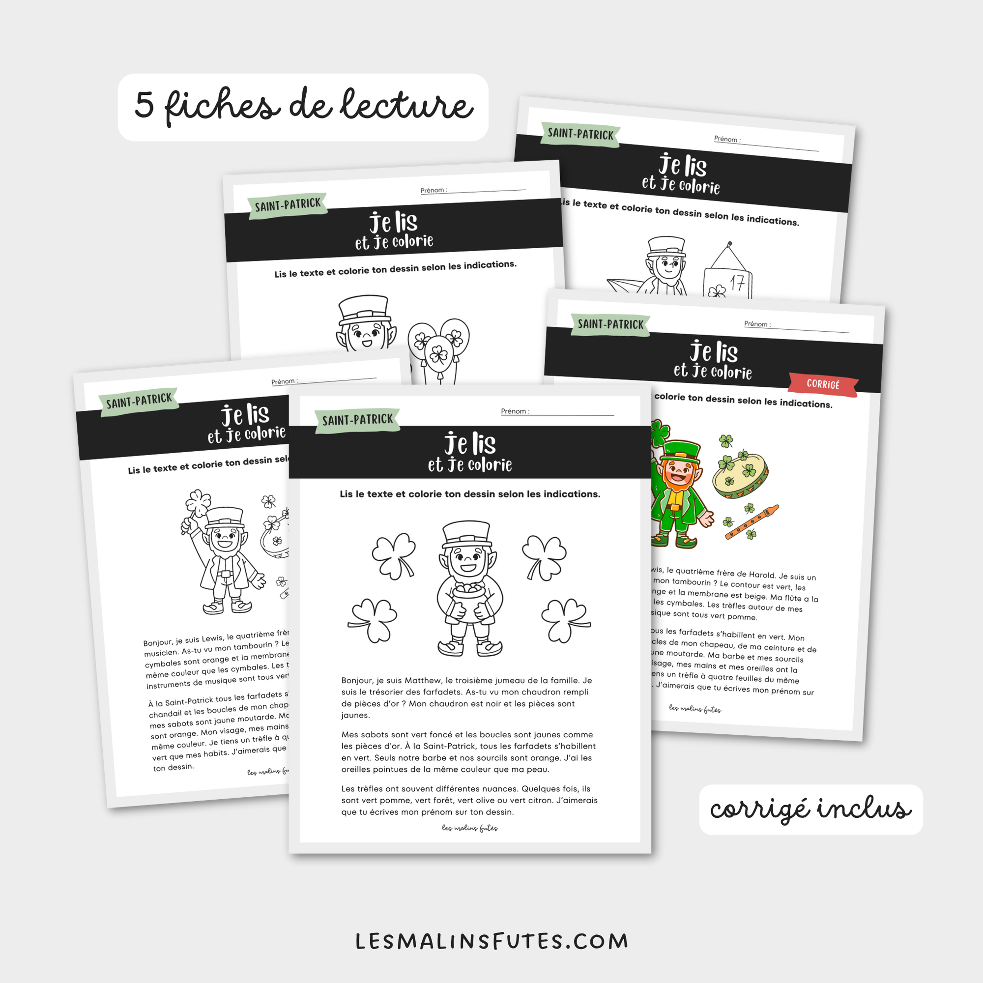 Je lis et je colorie pour les élèves de la 2e année à l'occasion de la Saint-Patrick. Les Malins Futés