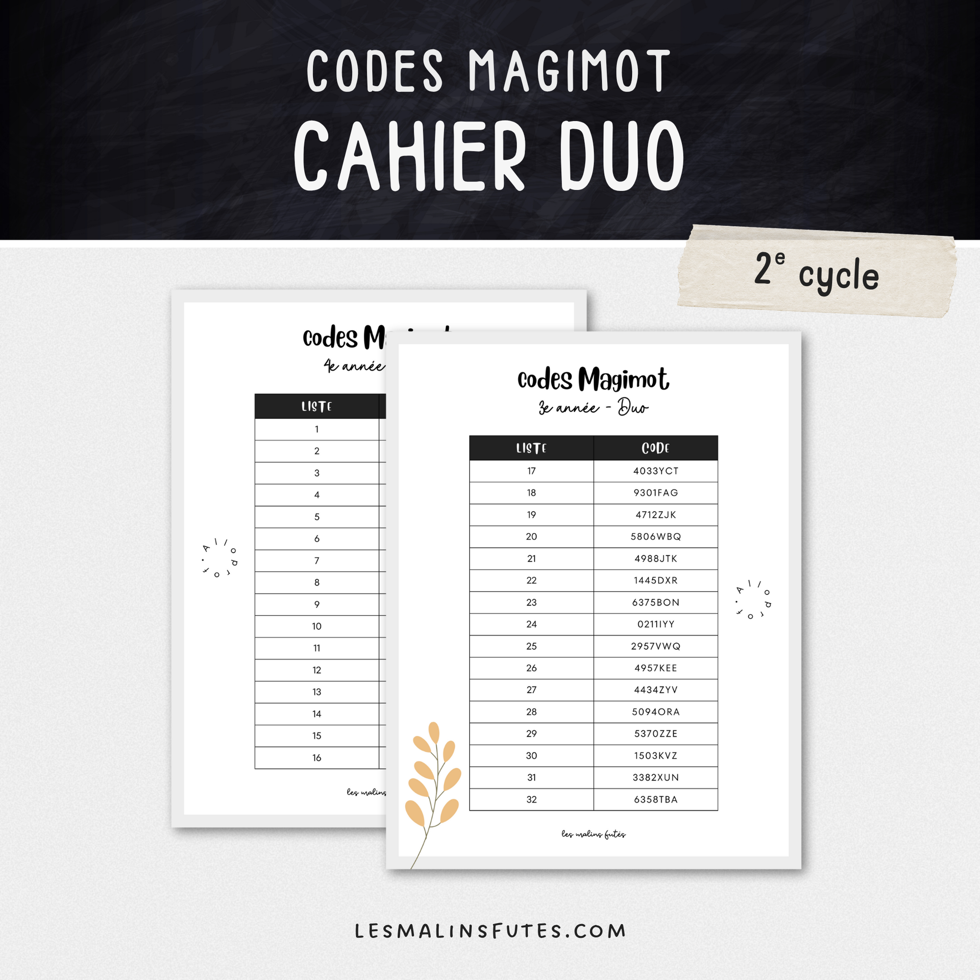 Codes Magimot 3e et 4e année pour travailler avec le cahier Duo - Les Malins Futés