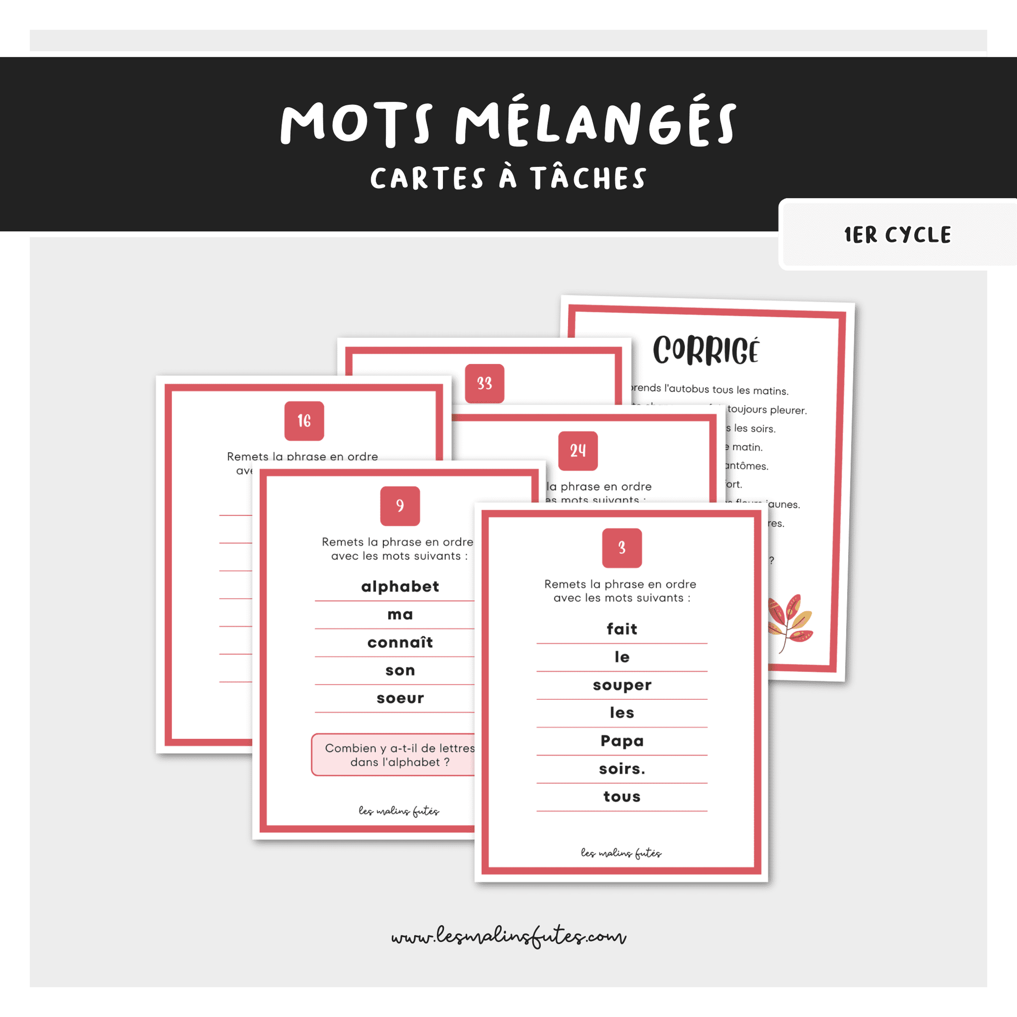 36 cartes de mots mélangés pour apprendre à reconstituer une phrase. Les Malins Futés