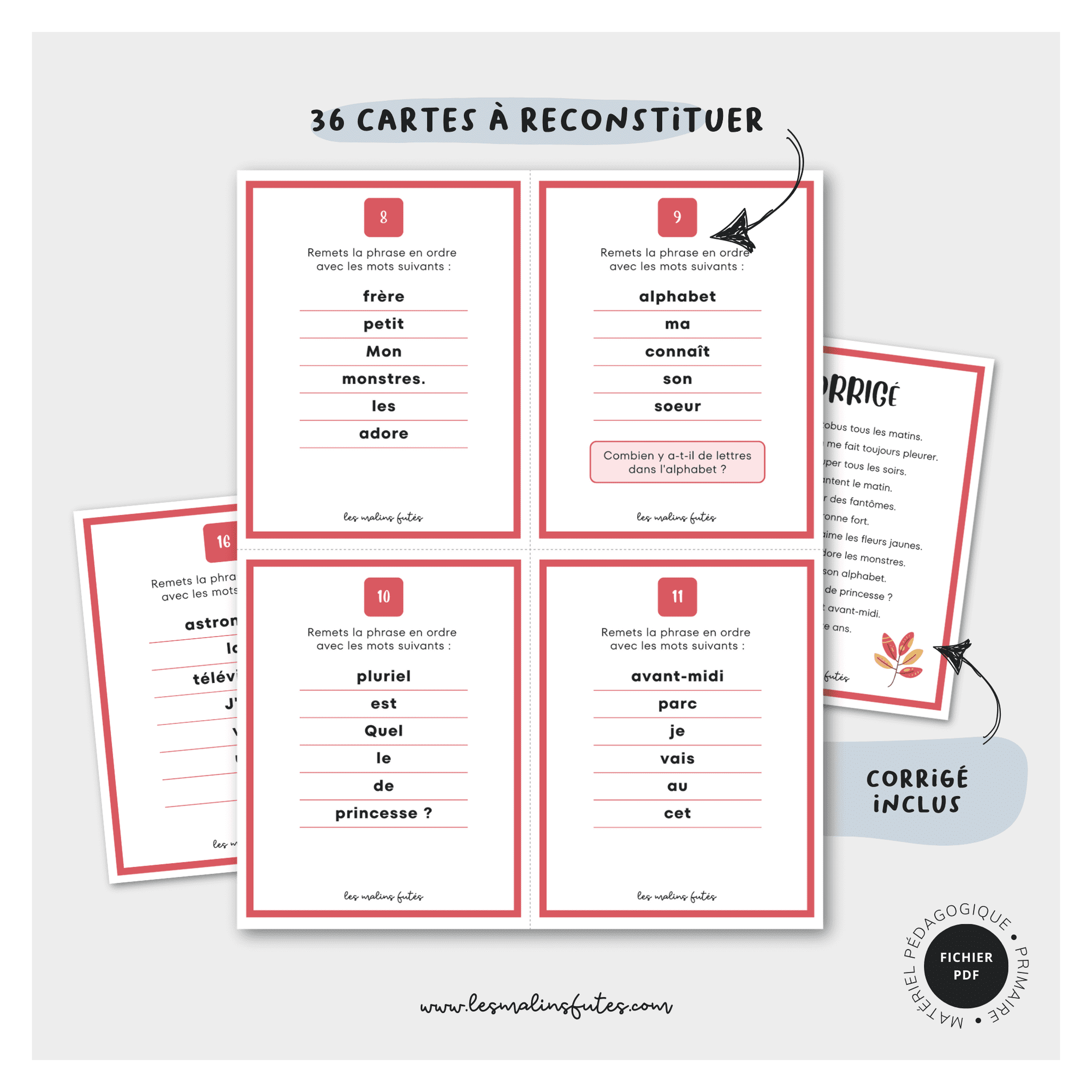 36 cartes de mots mélangés pour apprendre à reconstituer une phrase. Les Malins Futés