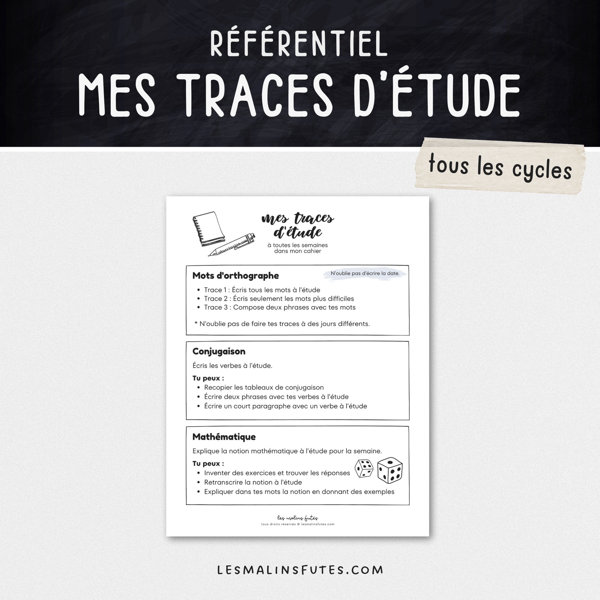 Mes traces d'étude - français et mathématique - Les Malins Futés