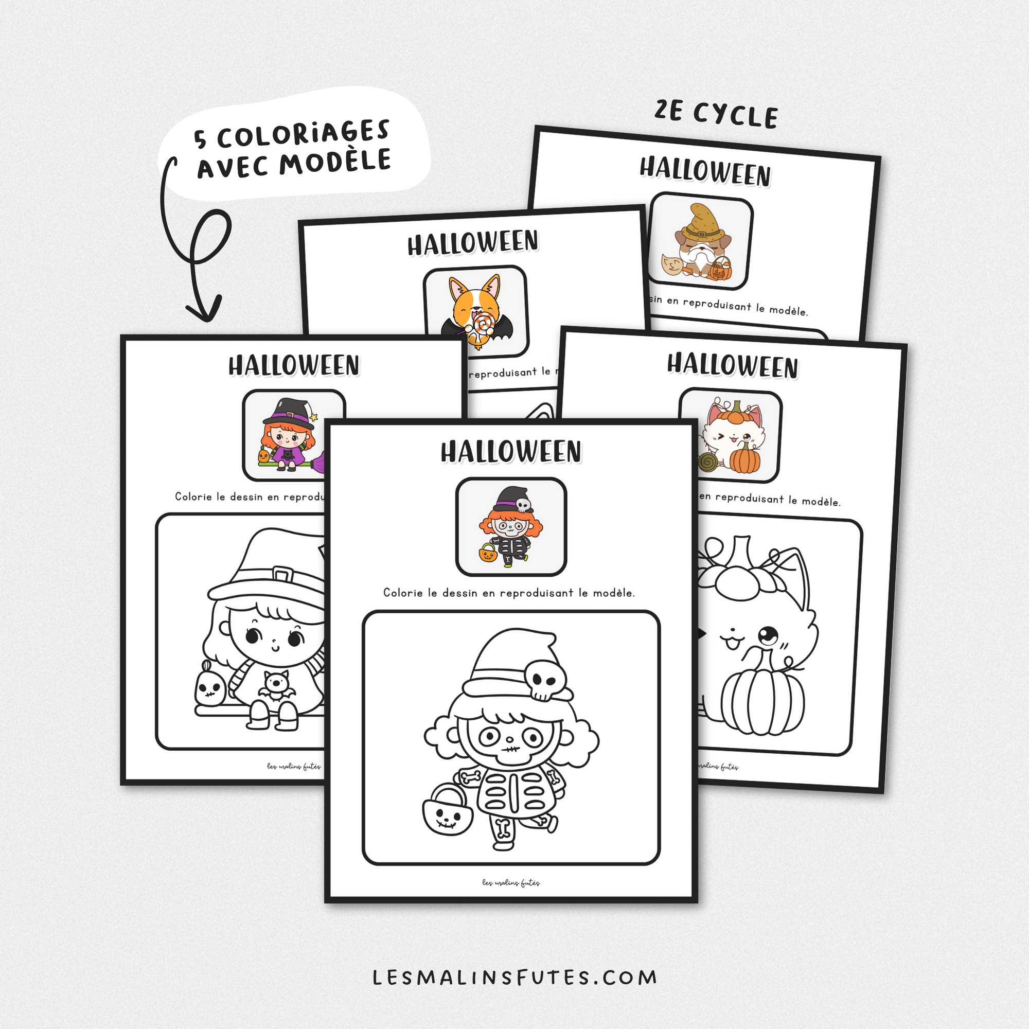 Ensemble de 10 coloriages avec modèle sur le thème de l'Halloween pour le 1er et le 2e cycle. Les Malins Futés