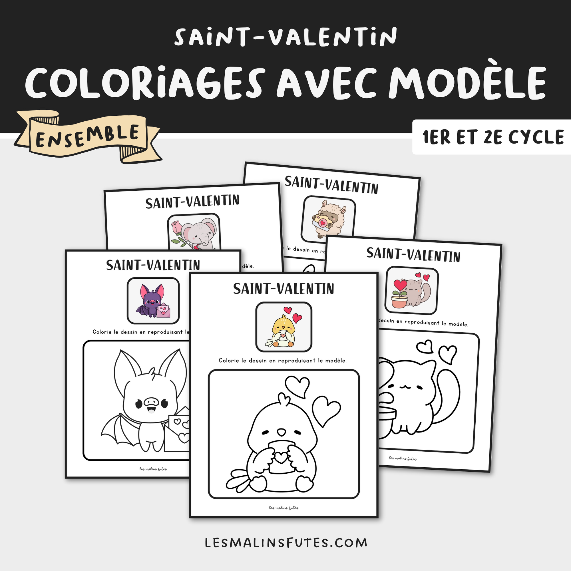 Ensemble de 20 coloriages avec modèle pour le 1er et le 2e cycle à l'occasion de la Saint-Valentin. Les Malins Futés