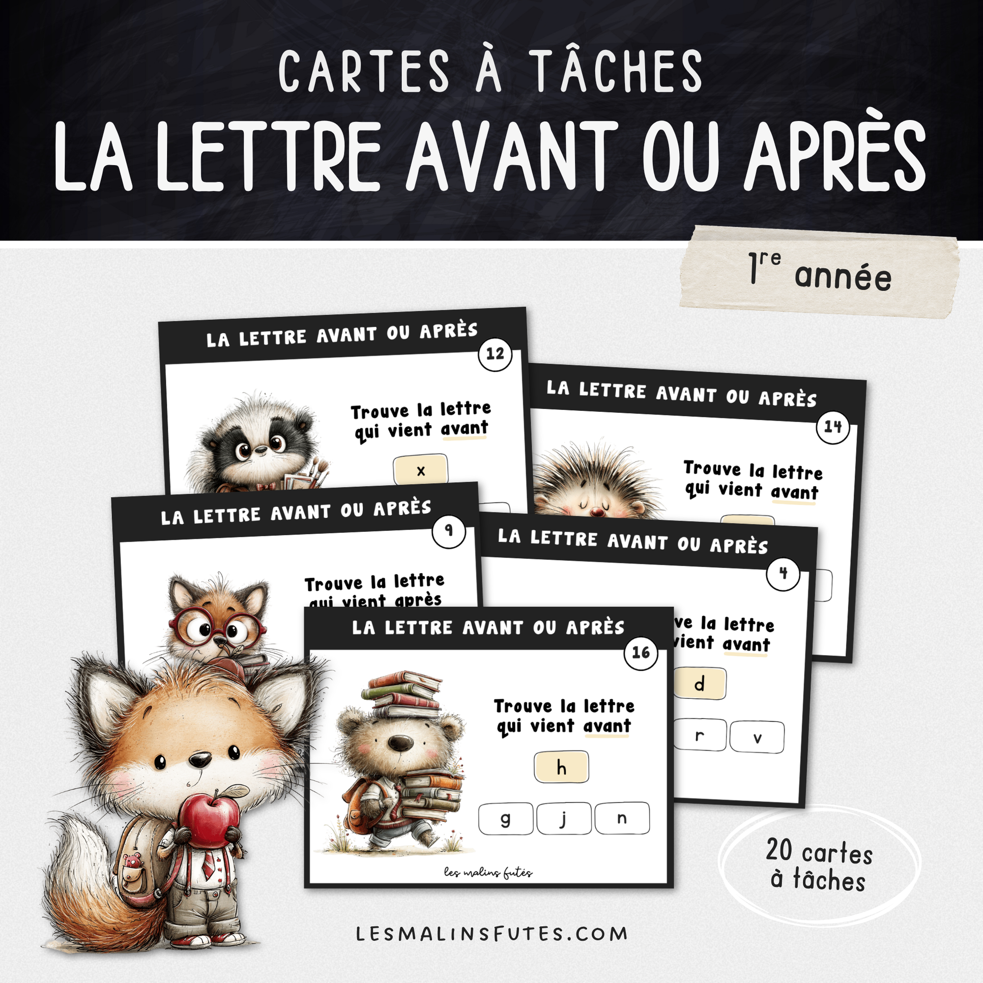Cartes illustrées pour travailler l'ordre alphabétique pour la 1re année. Les Malins Futés