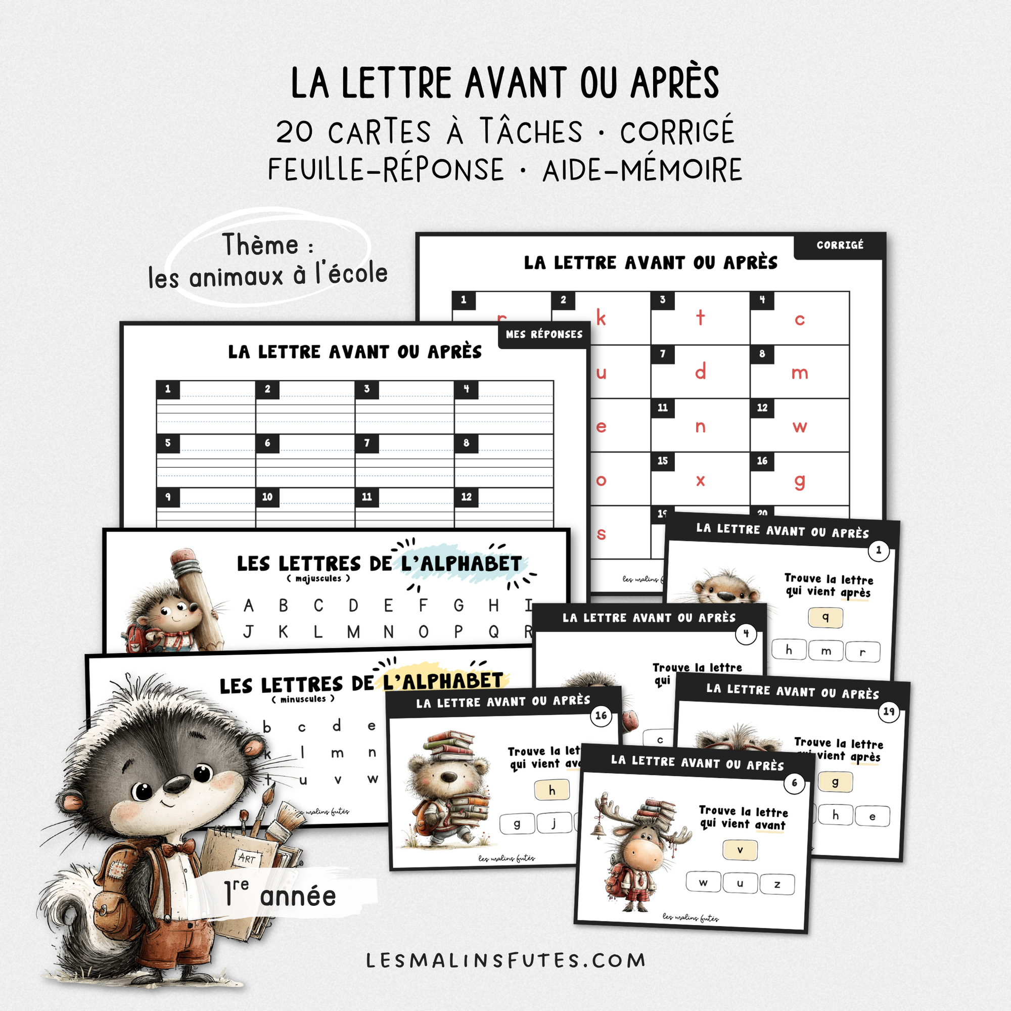 Cartes illustrées pour travailler l'ordre alphabétique pour la 1re année. Les Malins Futés