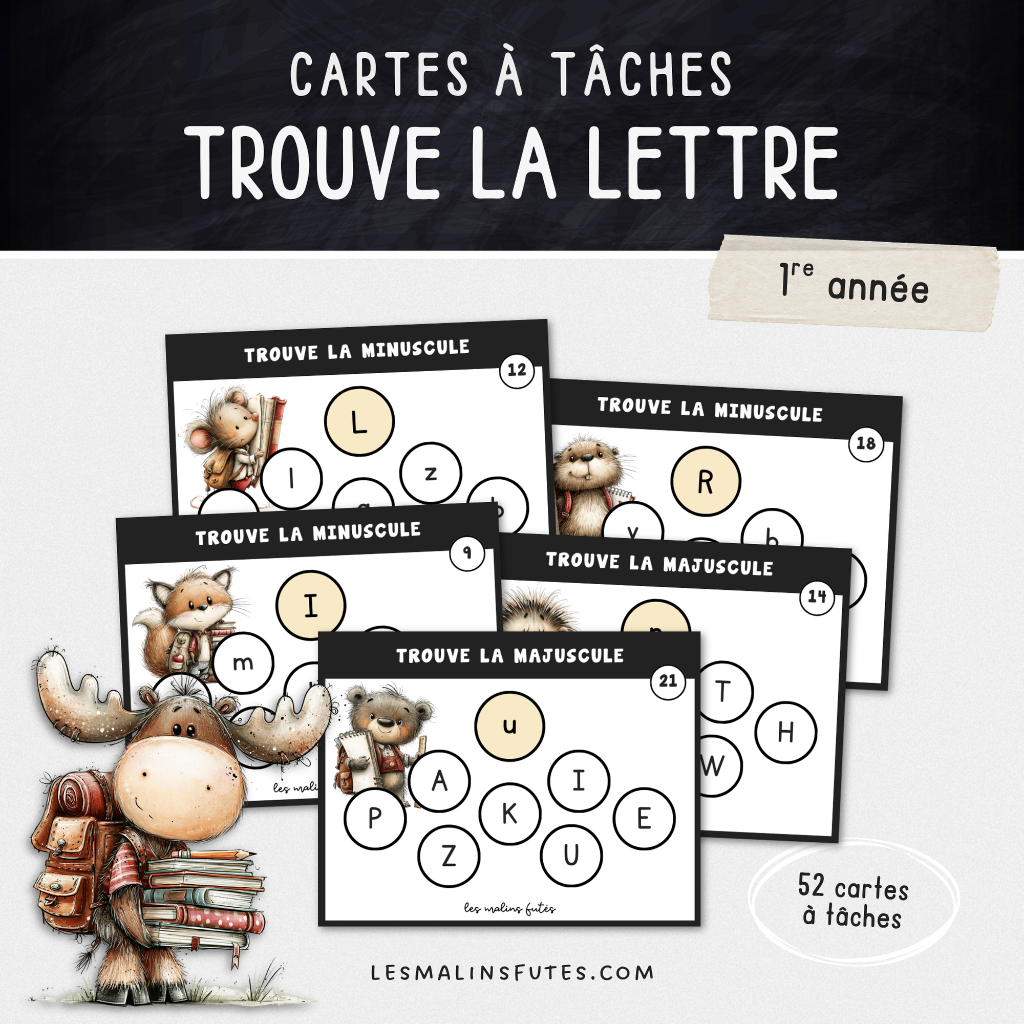 Cartes illustrées des lettres majuscules et minuscules pour la 1re année. Les Malins Futés