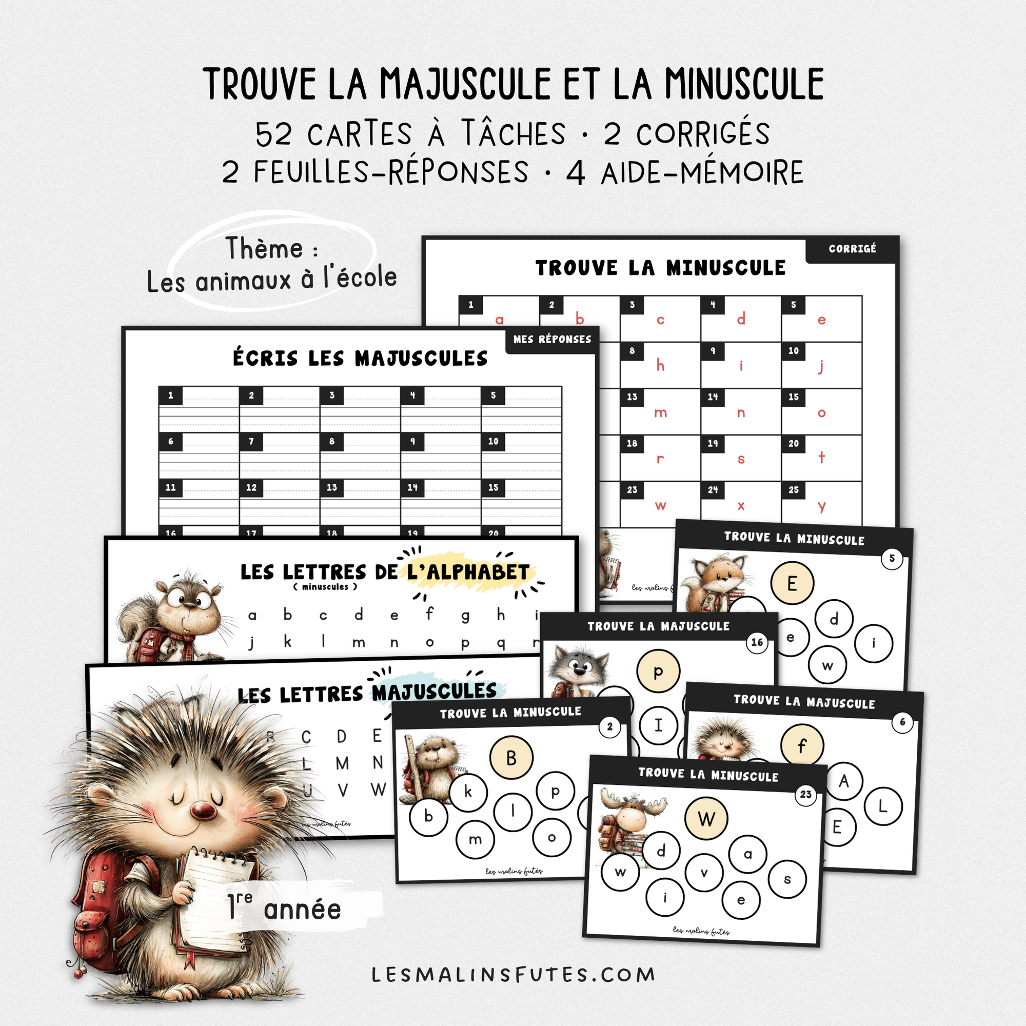 Cartes illustrées des lettres majuscules et minuscules pour la 1re année. Les Malins Futés