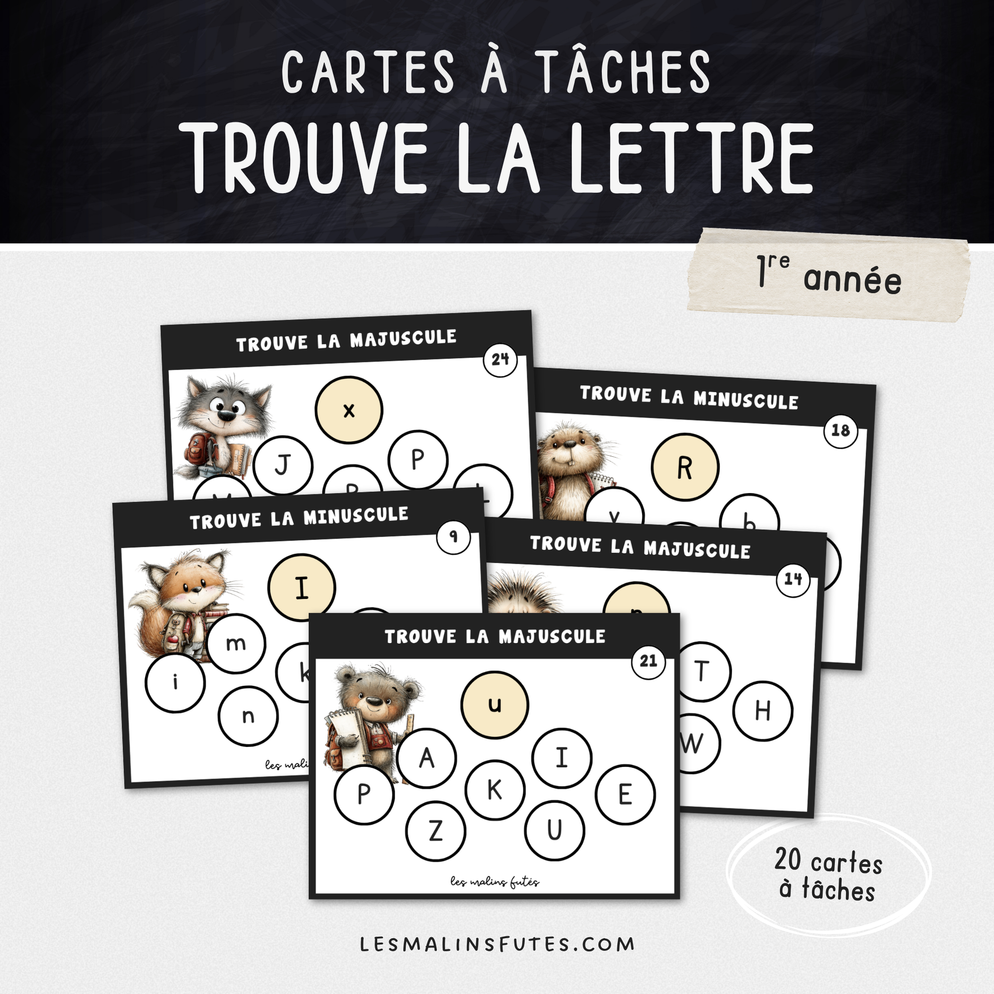 Cartes illustrées des lettres majuscules et minuscules pour la 1re année. Les Malins Futés