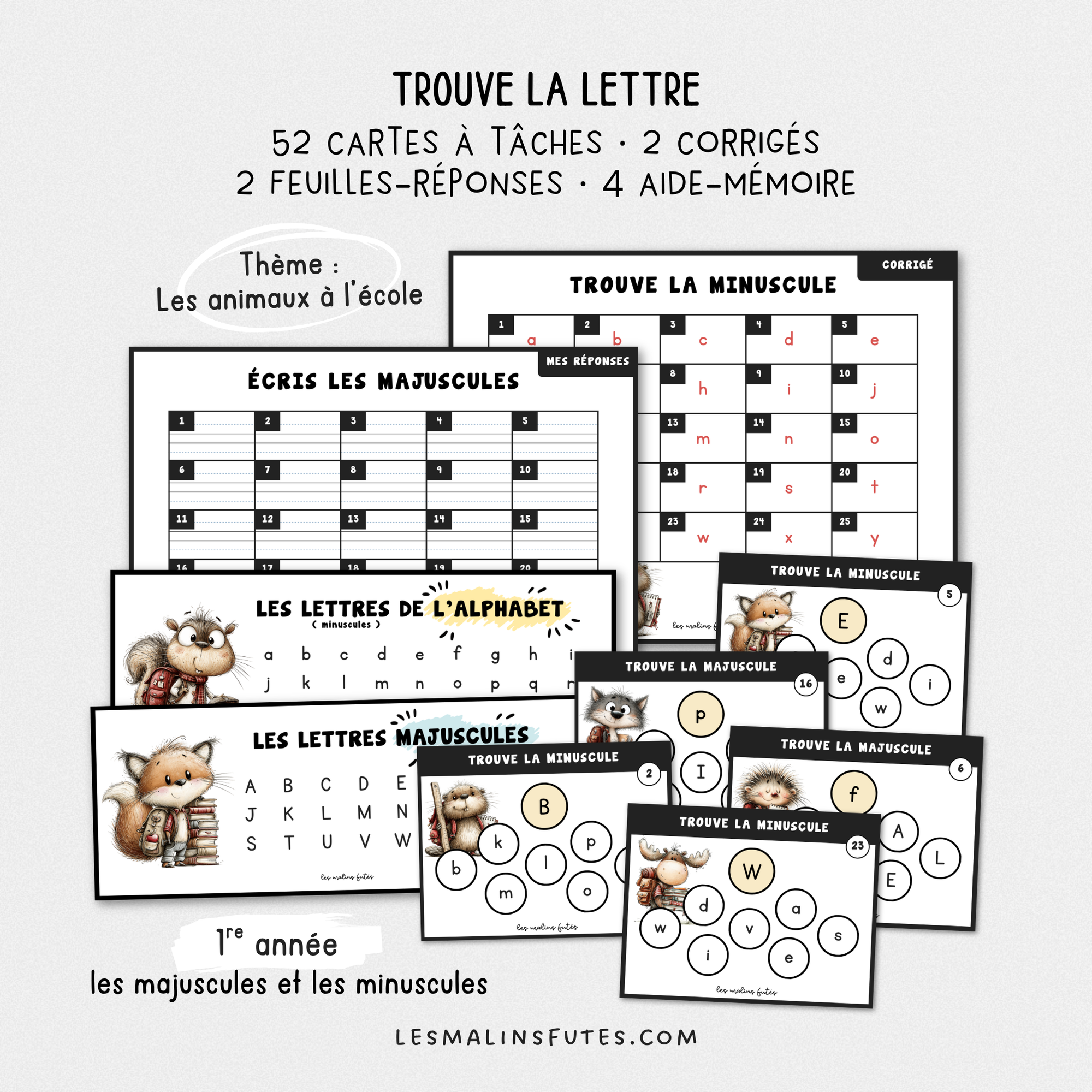 Cartes illustrées des lettres majuscules et minuscules pour la 1re année. Les Malins Futés