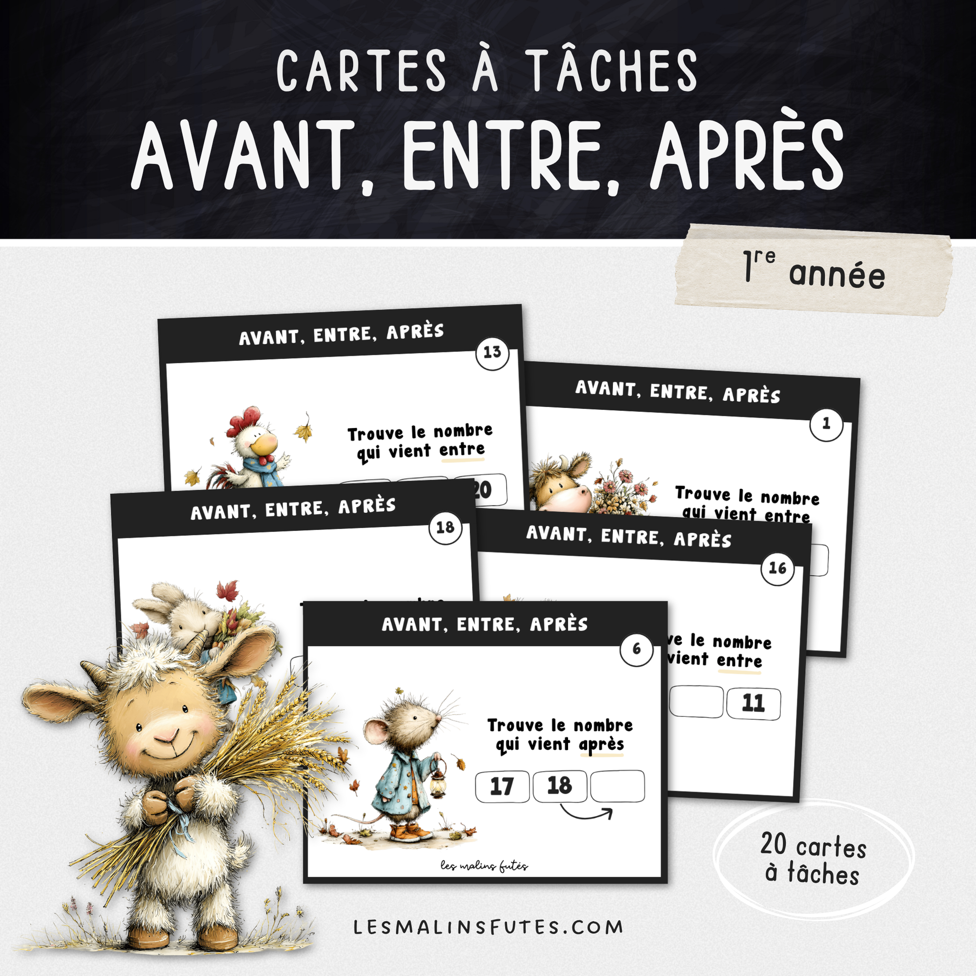 Cartes illustrées pour travailler la position des nombres en 1re année. Les Malins Futés