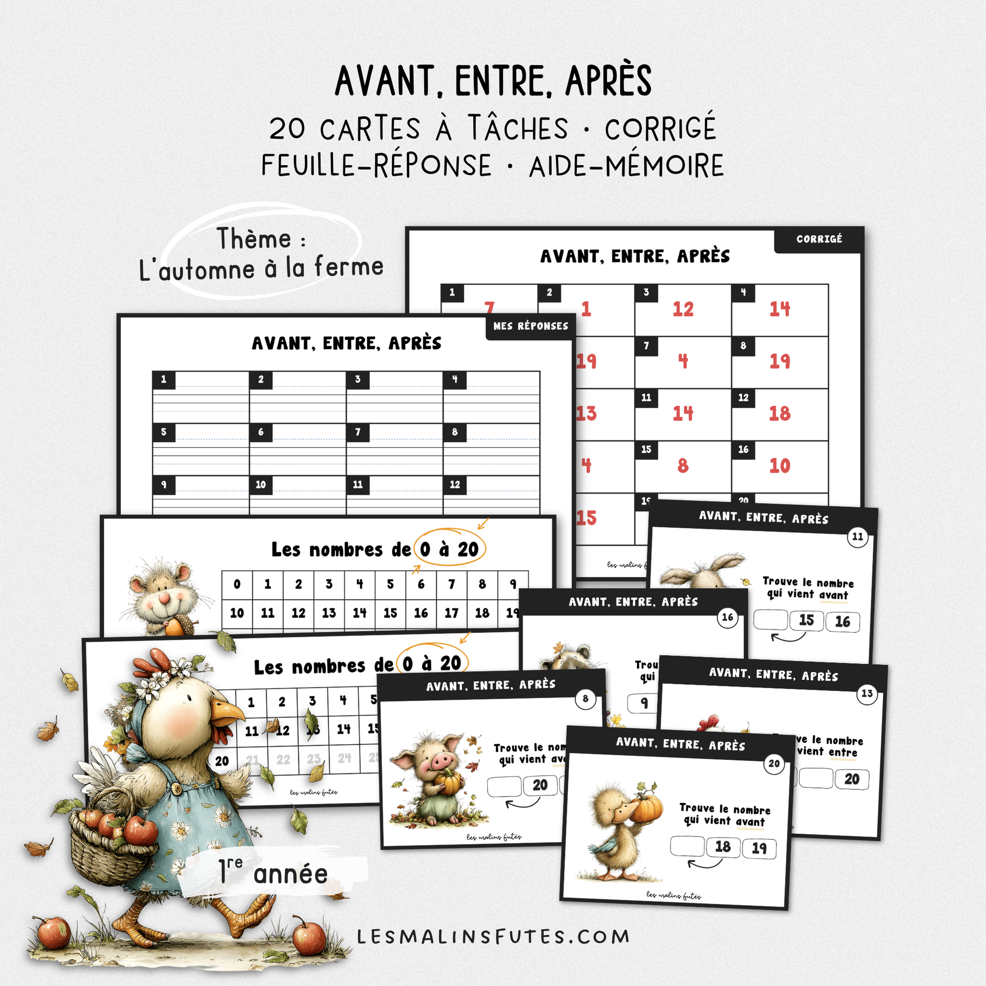 Cartes illustrées pour travailler la position des nombres en 1re année. Les Malins Futés