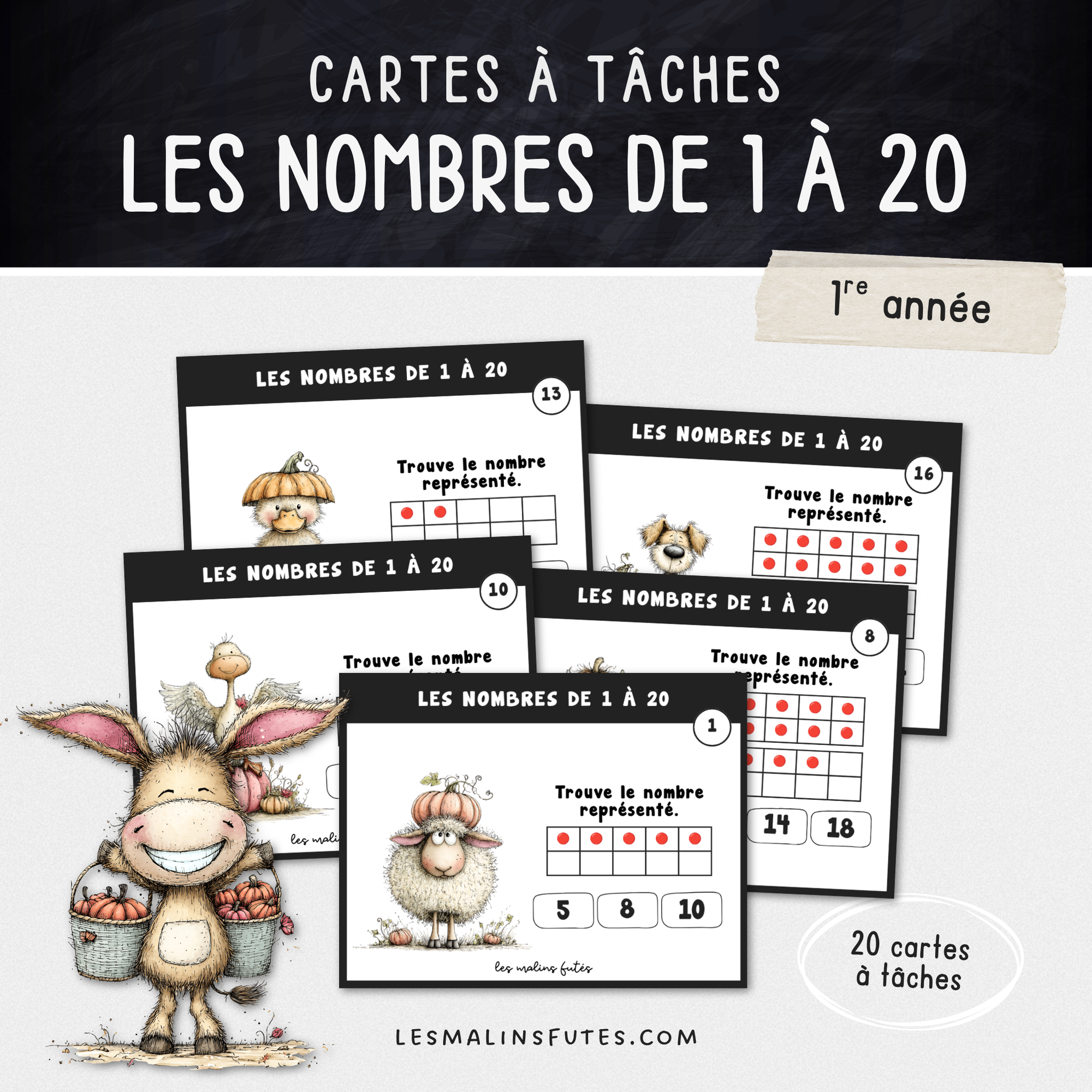 Cartes illustrées pour travailler les nombres de 0 à 20 en 1re année. Les Malins Futés