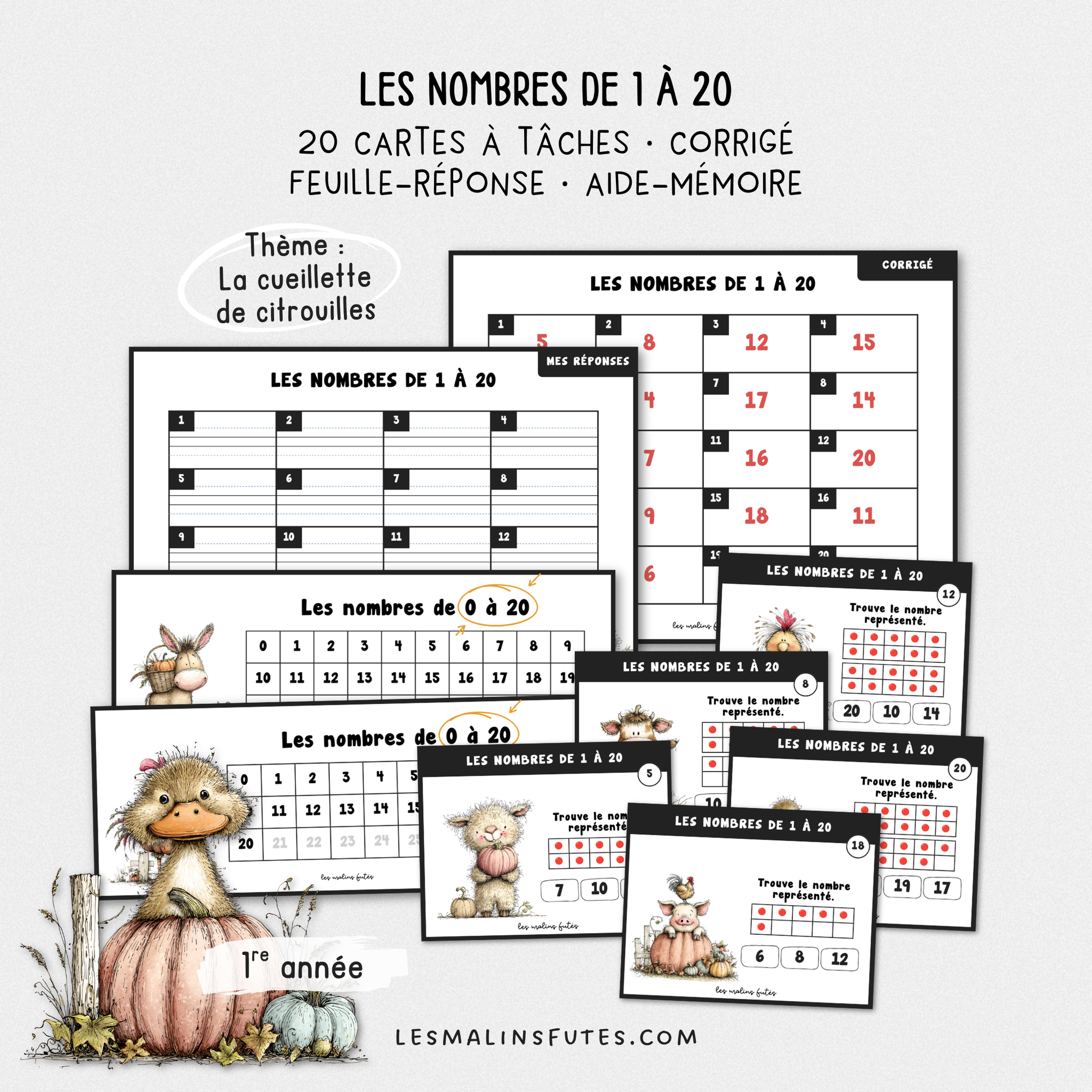 Cartes illustrées pour travailler les nombres de 0 à 20 en 1re année. Les Malins Futés
