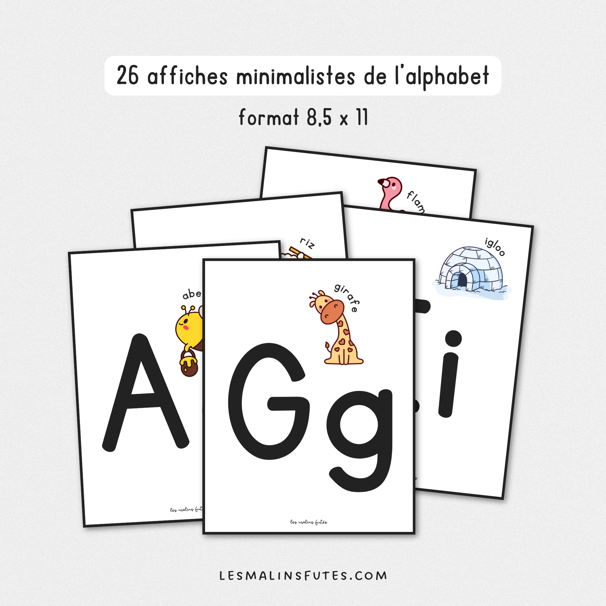 26 affiches minimalistes de l'alphabet pour la 1re année. Les Malins Futés