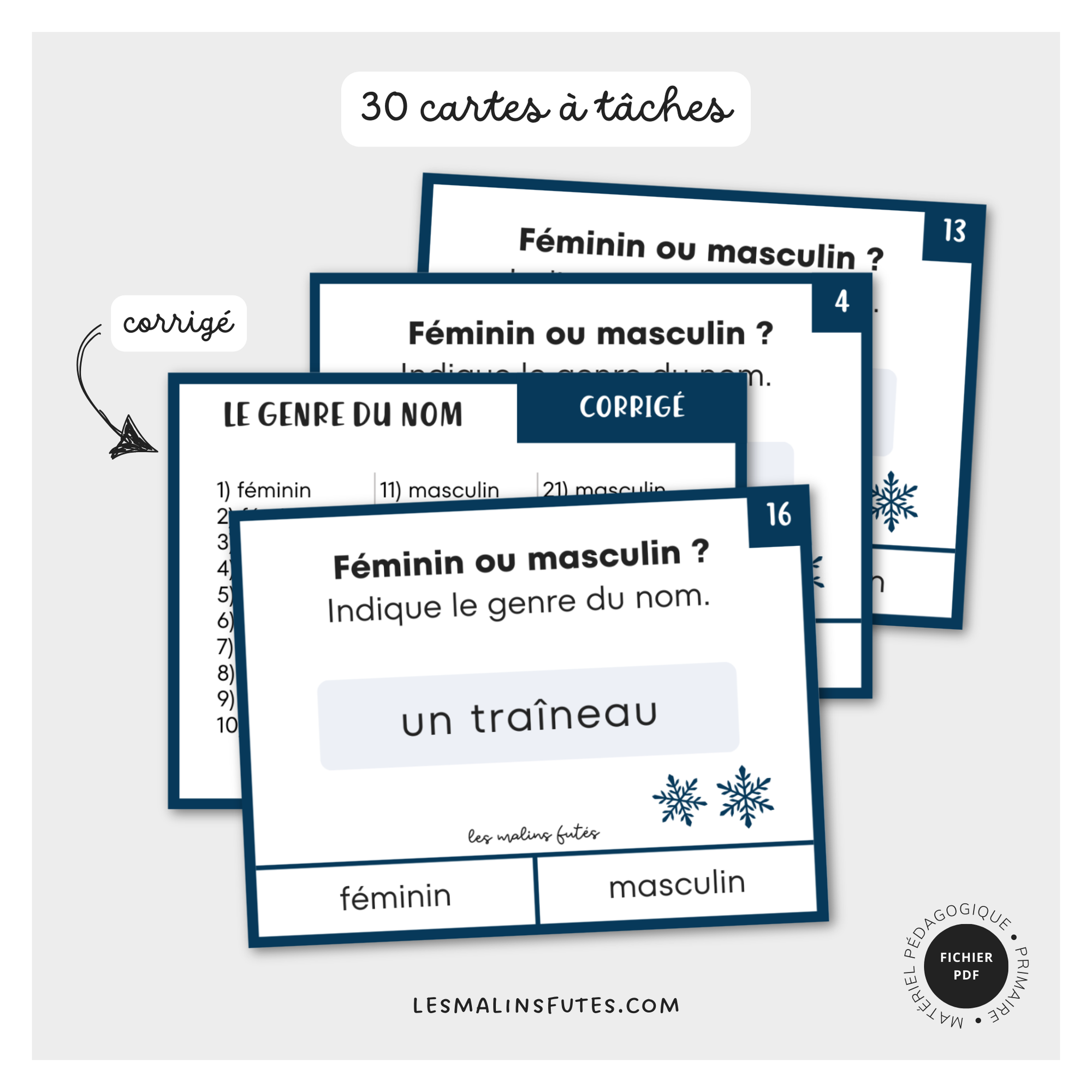 Cartes à tâches sur le genre du nom pour la 1re année. Les Malins Futés