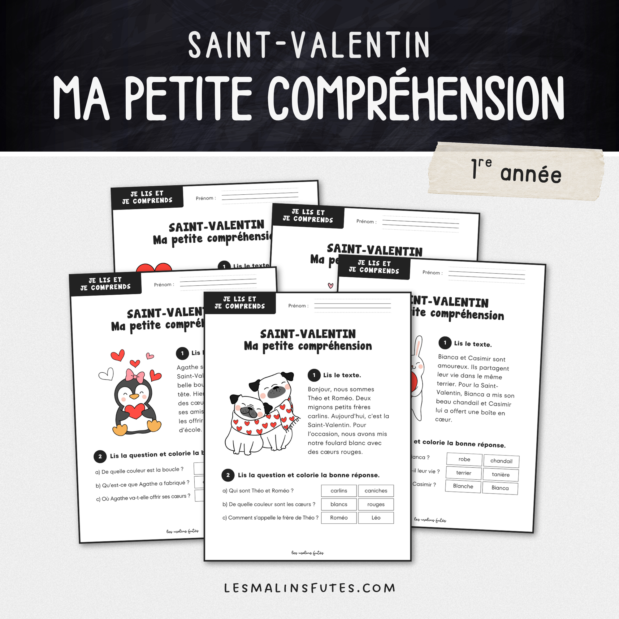 Ma petite compréhension de texte pour la 1re année sur le thème de la Saint-Valentin. Les Malins Futés