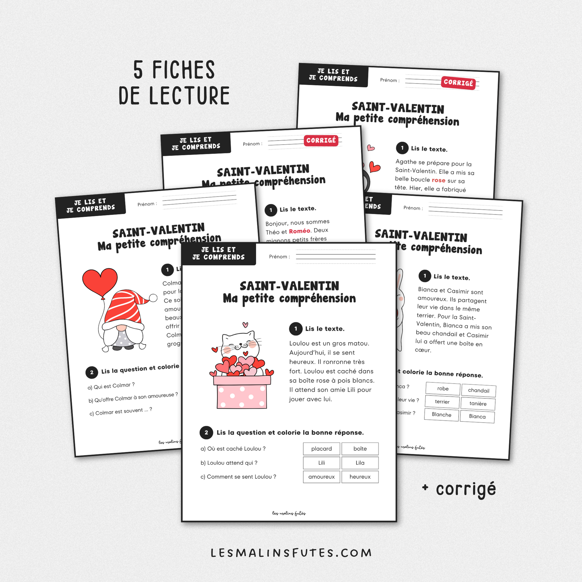 Ma petite compréhension de texte pour la 1re année sur le thème de la Saint-Valentin. Les Malins Futés