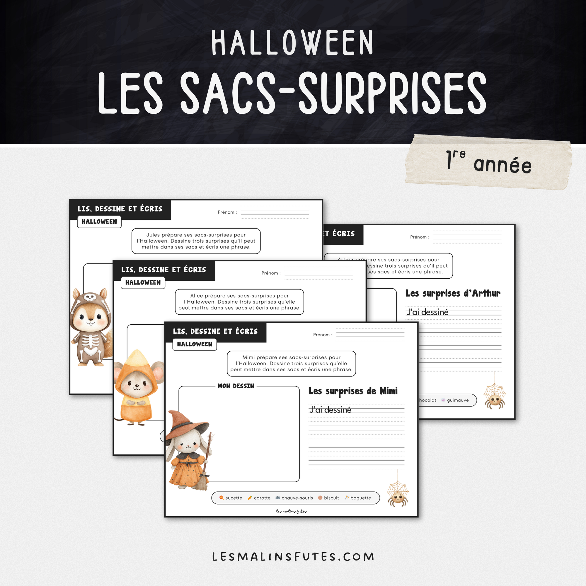 Lis, dessine et écris sur le thème de l'Halloween pour la 1re année. Les Malins Futés
