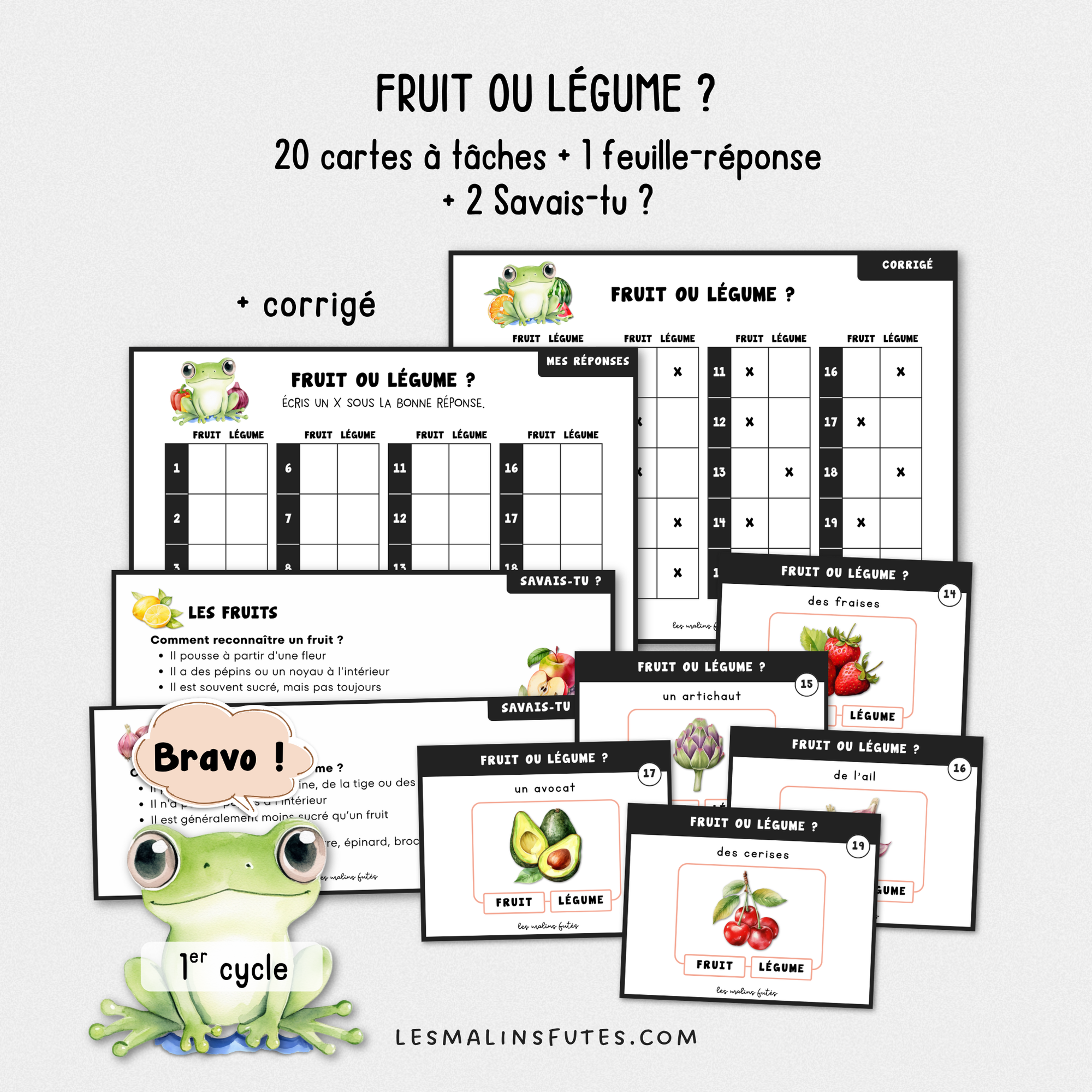 Cartes à tâches pour classifier les fruits et les légumes, 1er cycle du primaire - Les Malins Futés