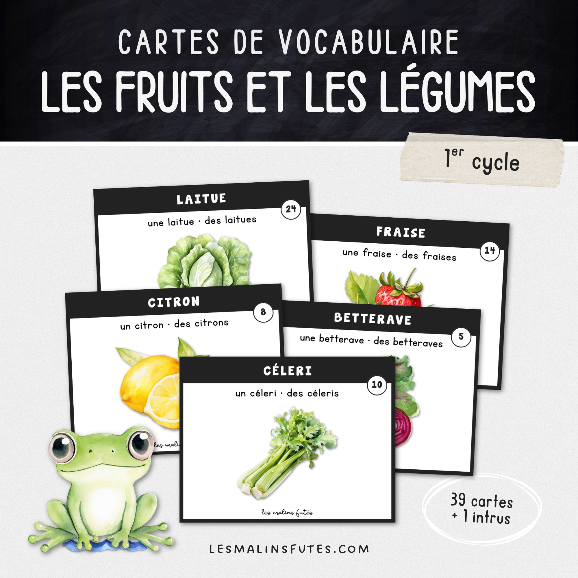 Cartes de vocabulaire illustrant des fruits et des légumes, 1er cycle du primaire - Les Malins Futés