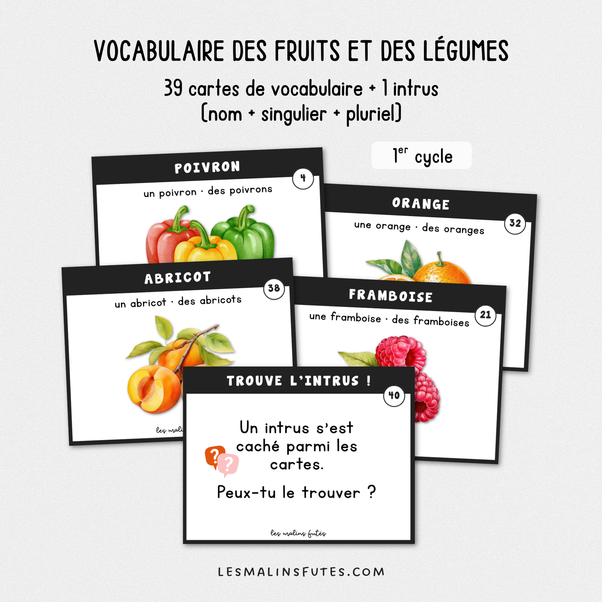 Cartes de vocabulaire illustrant des fruits et des légumes, 1er cycle du primaire - Les Malins Futés