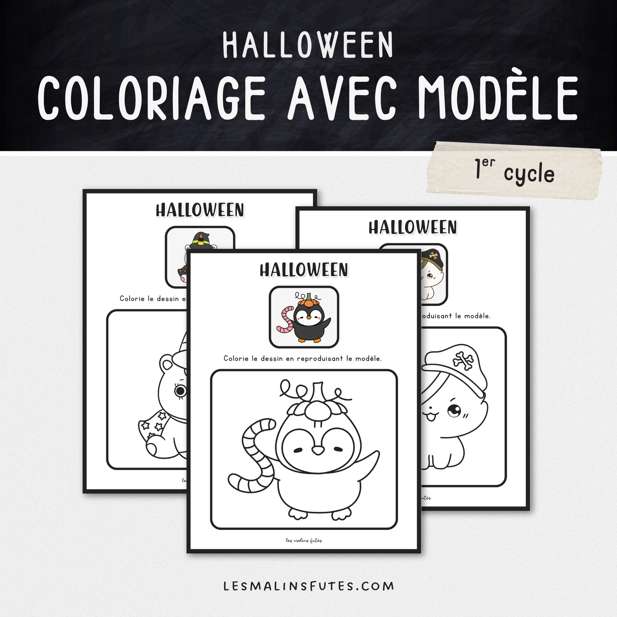 Coloriage avec modèle sur le thème de l&#39;Halloween pour le 1er cycle. Les Malins Futés