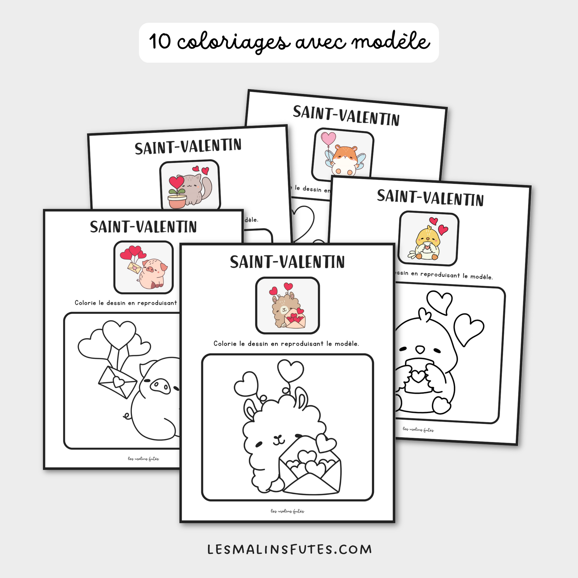 10 coloriages avec modèle pour le 1er cycle à l'occasion de la Saint-Valentin. Les Malins Futés