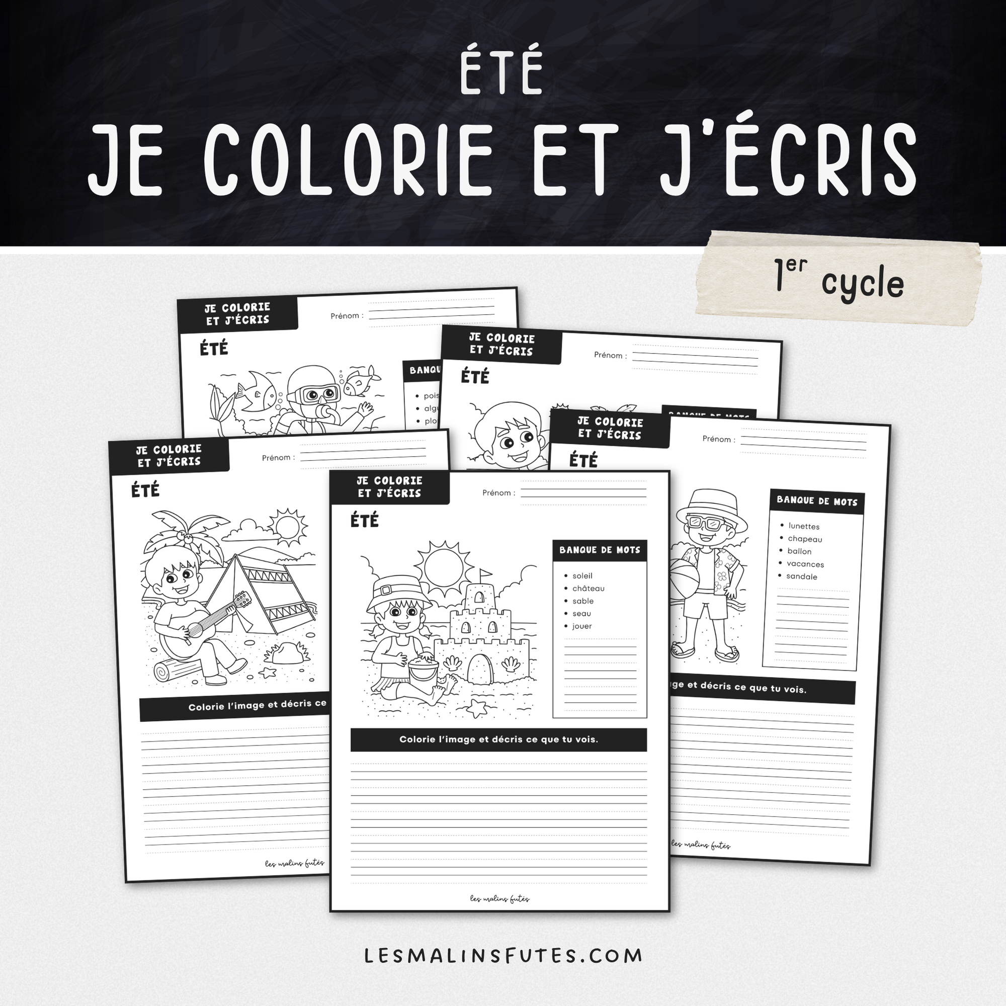 Illustration de fiches pédagogiques sur le thème de l'été pour le 1er cycle du primaire avec éléments graphiques.