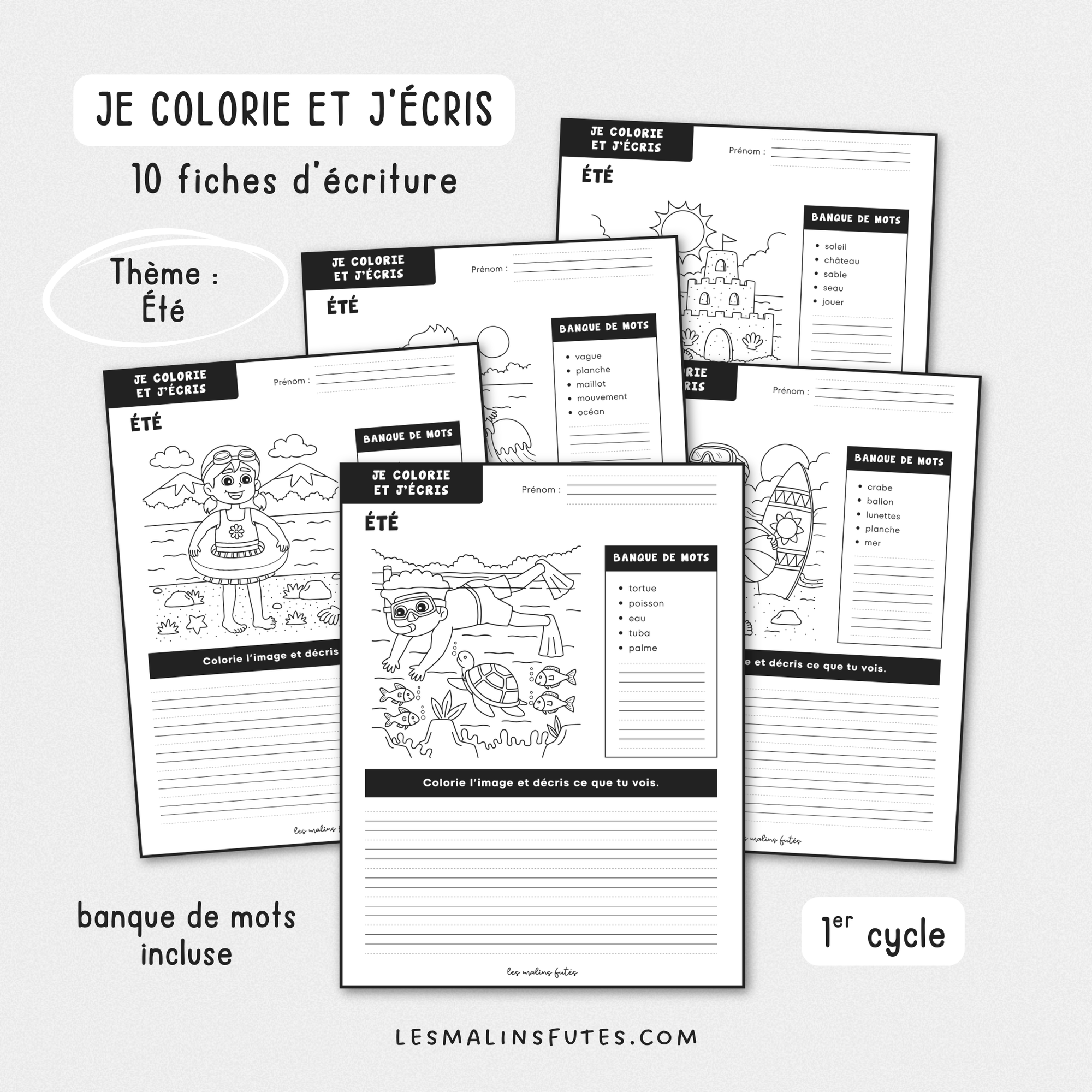 Illustration de fiches pédagogiques sur le thème de l'été pour le 1er cycle du primaire avec éléments graphiques.