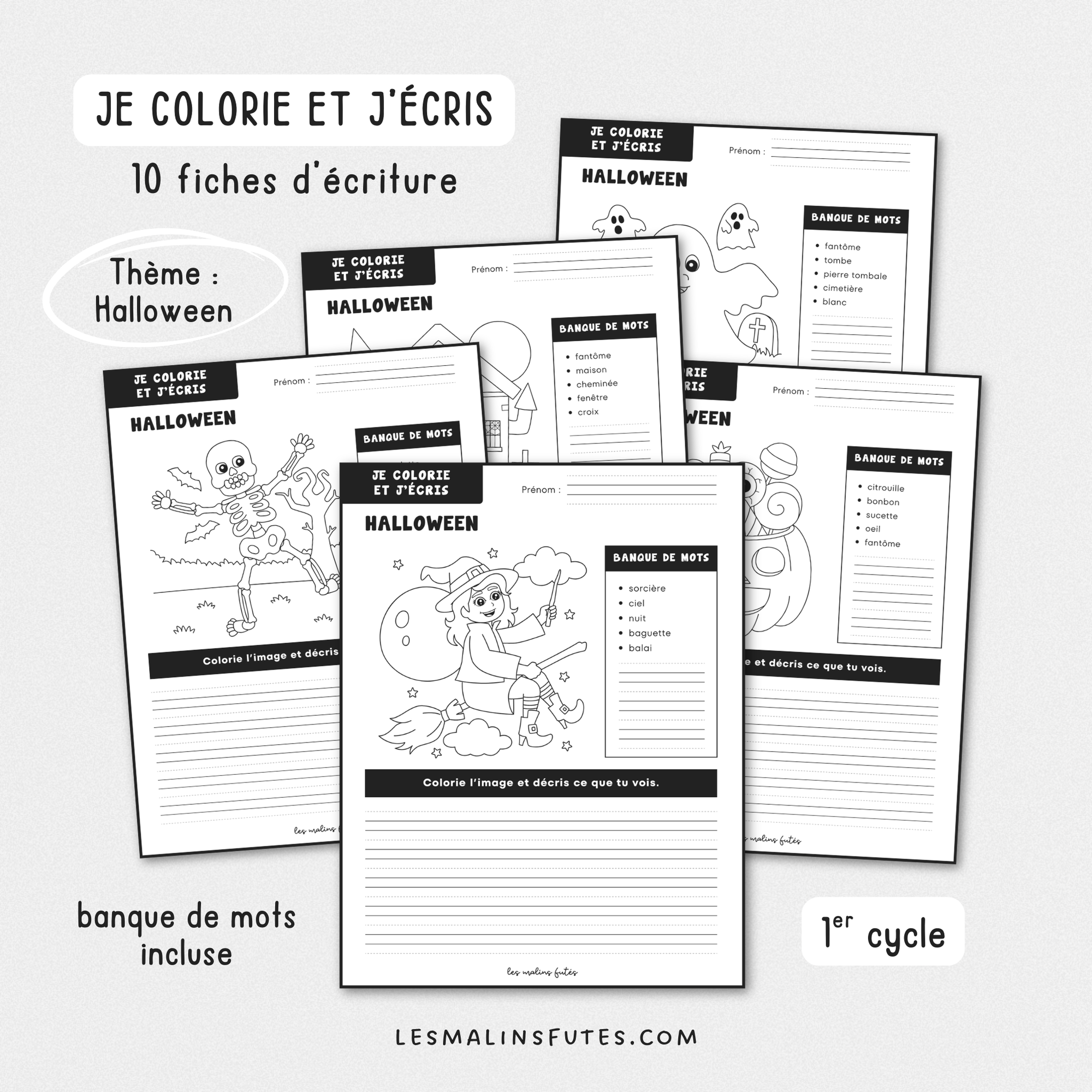 Illustration de fiches pédagogiques sur le thème d'Halloween pour le 1er cycle du primaire avec éléments graphiques.