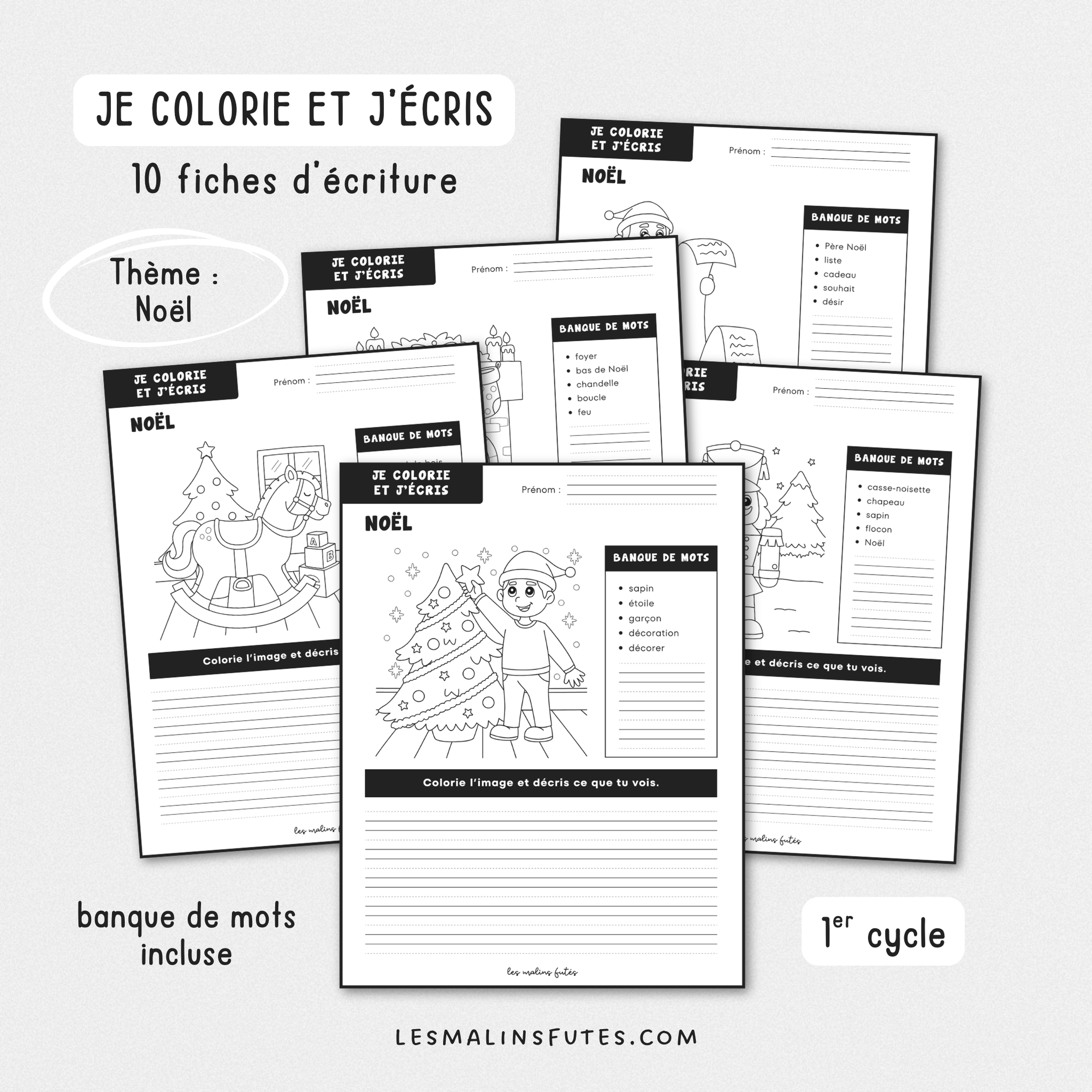 Illustration de fiches pédagogiques sur le thème de Noël pour le 1er cycle du primaire avec éléments graphiques.